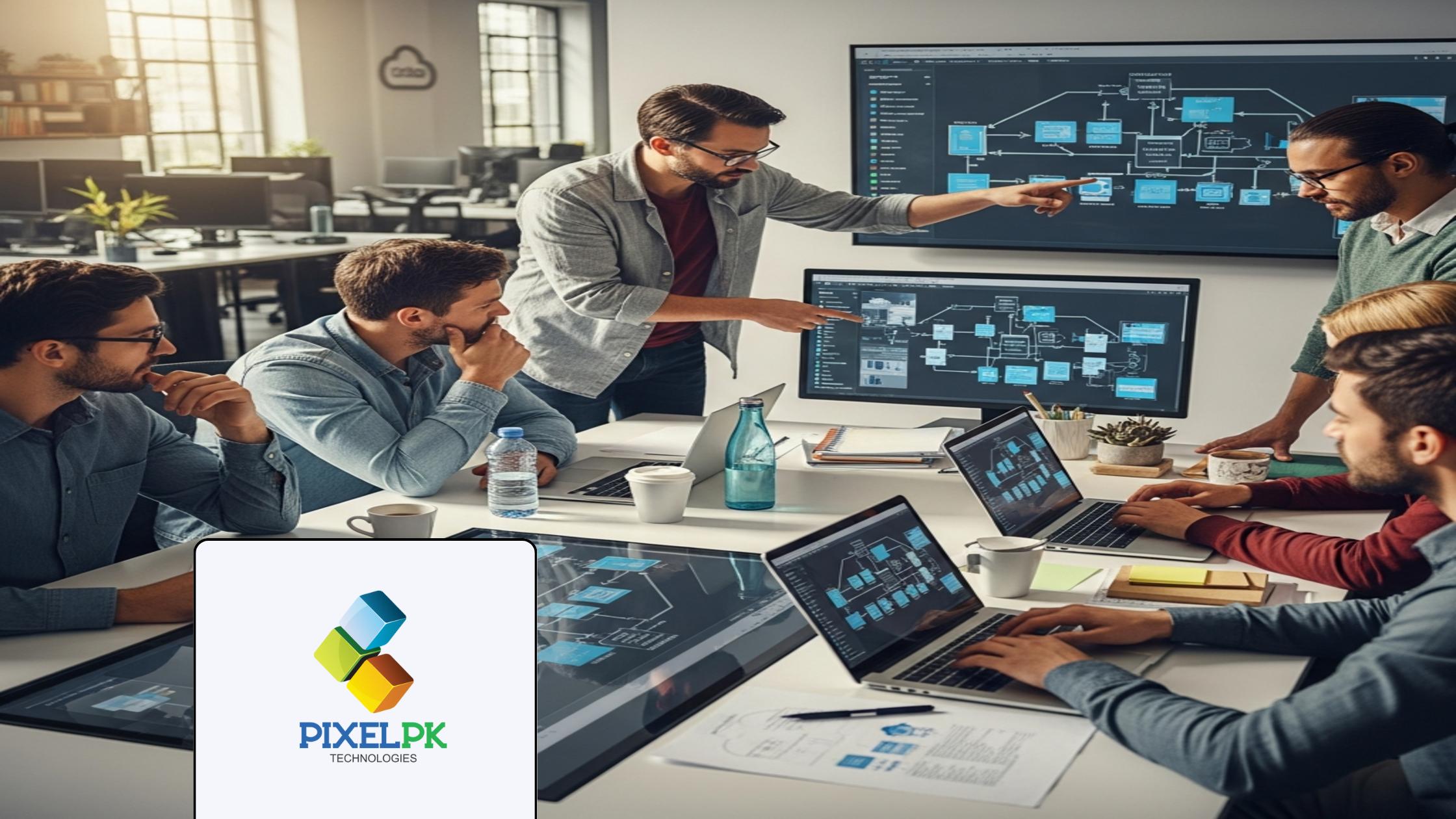IT professionals collaborating on enterprise cloud migration strategy in a modern tech office.