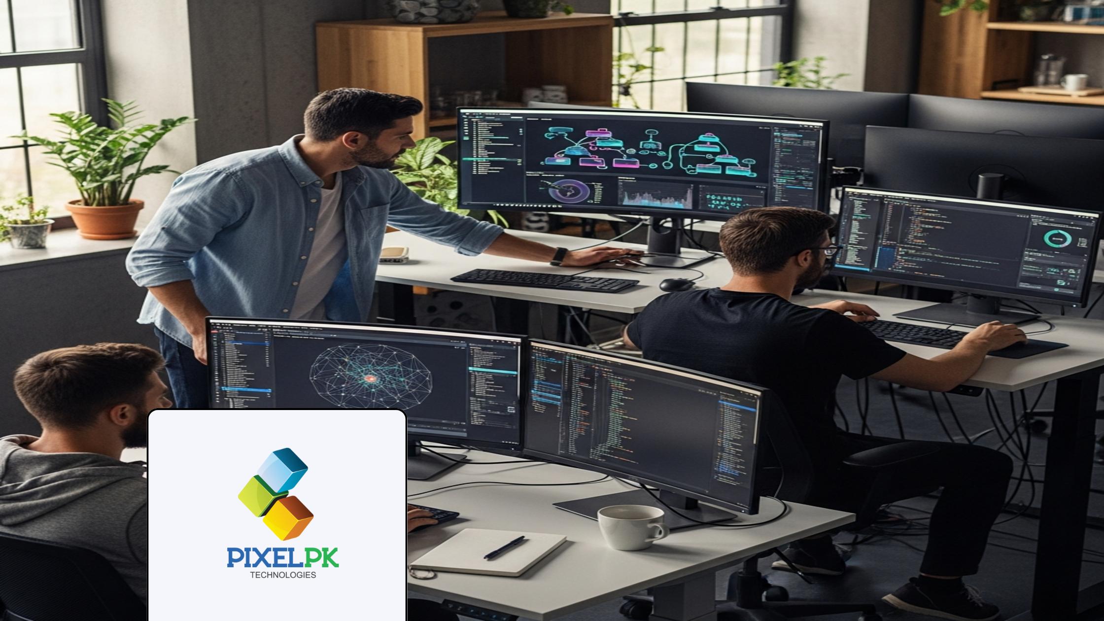 Data scientists implementing AI ML solutions with advanced analytics dashboards in a modern tech lab.