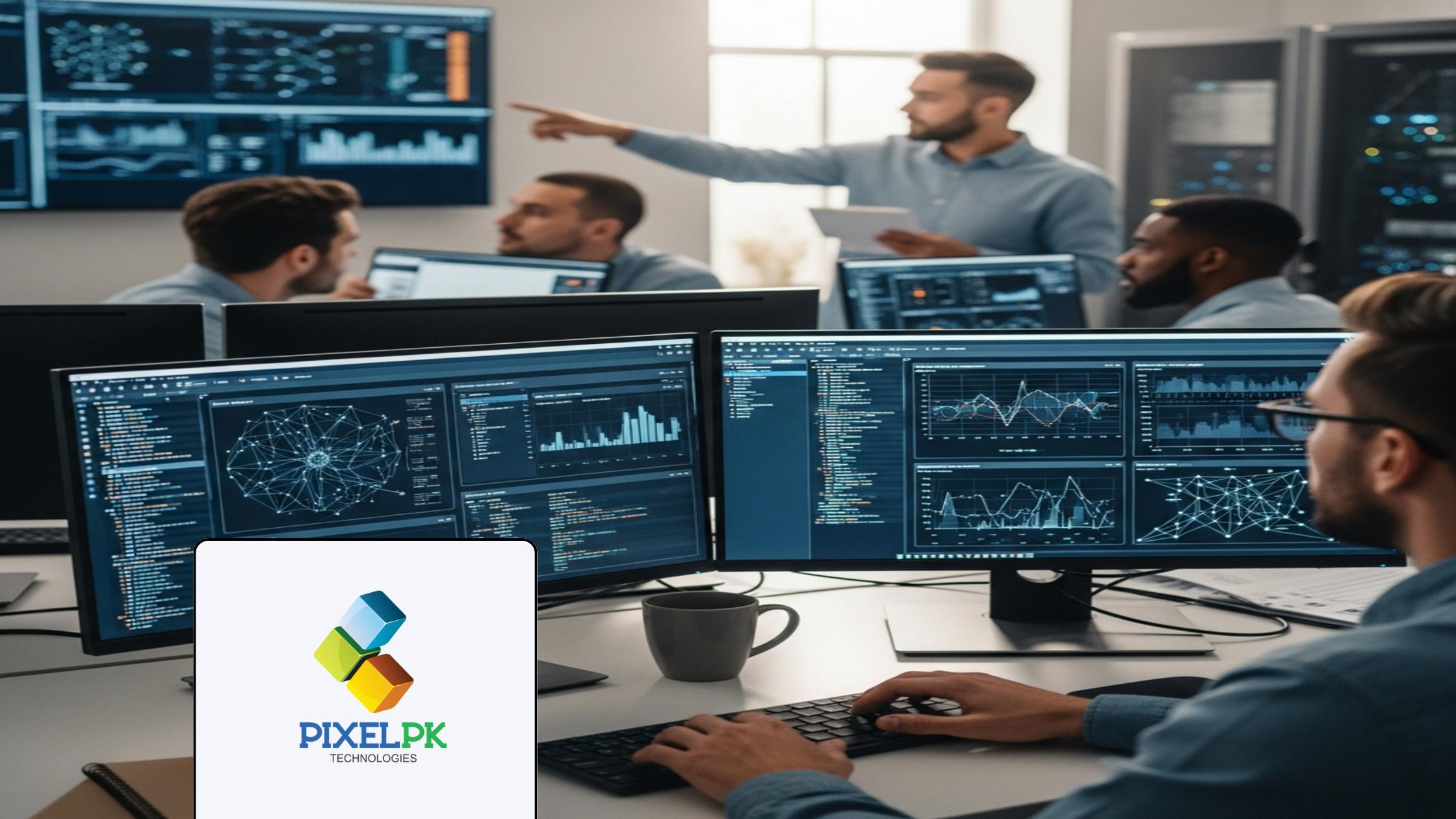 Data scientists implementing AI ML solutions with advanced analytics dashboards and displays.