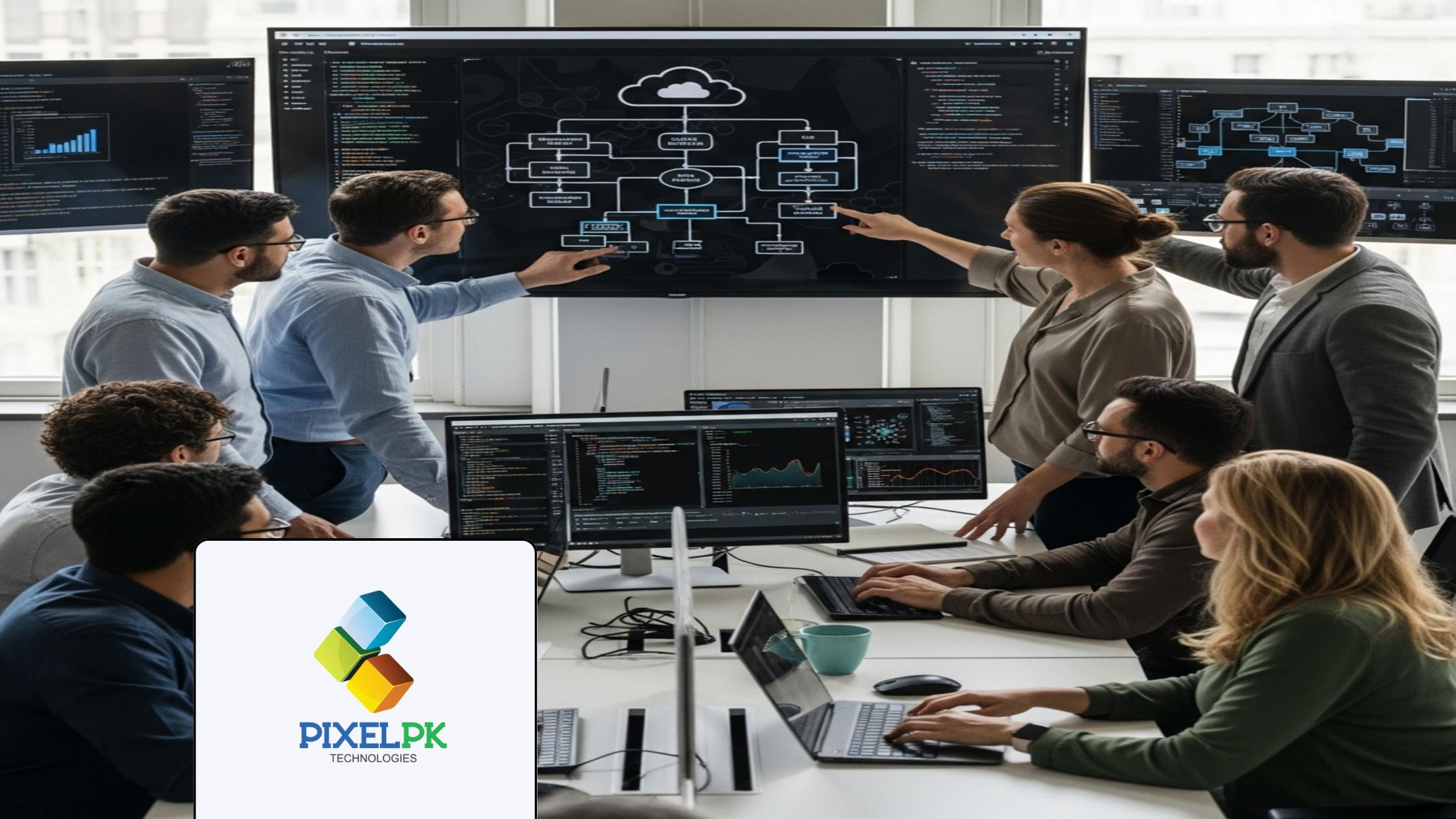 Professional team planning cloud-native microservices migration in a modern office with architectural diagrams.