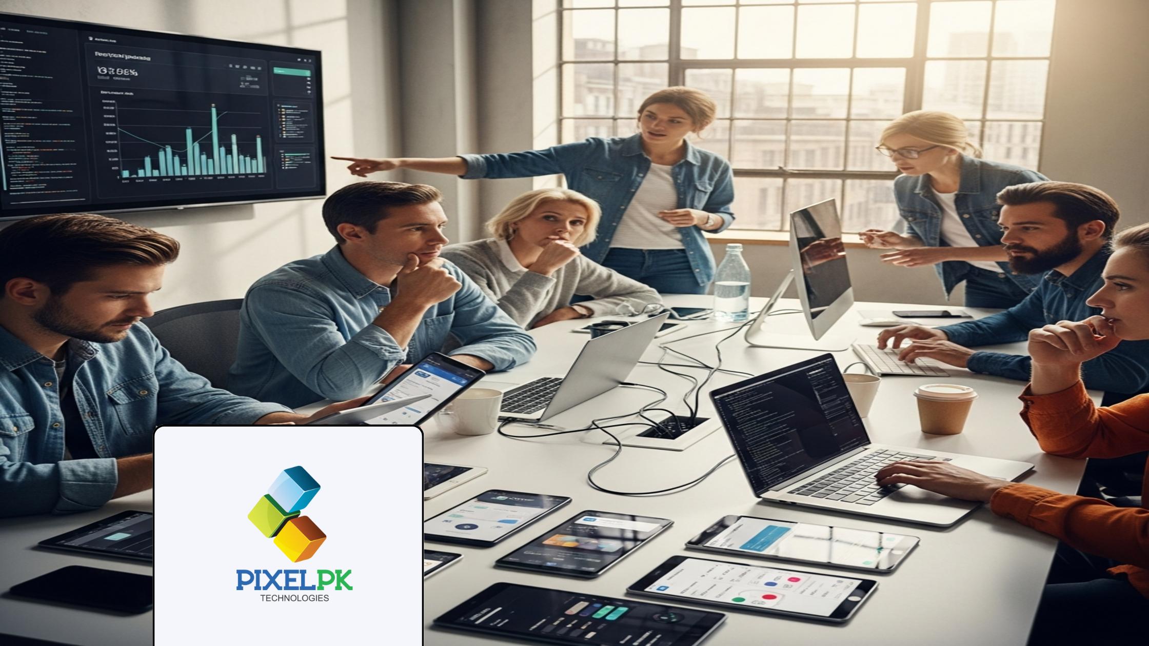 Tech team integrating Mobile App AI Integration features on diverse devices in a modern office setting.