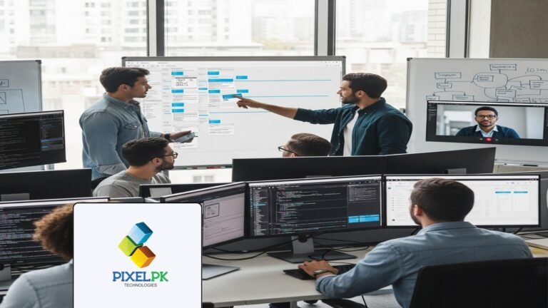Professional team prioritizing Custom Software Features using a digital roadmap in a modern office.