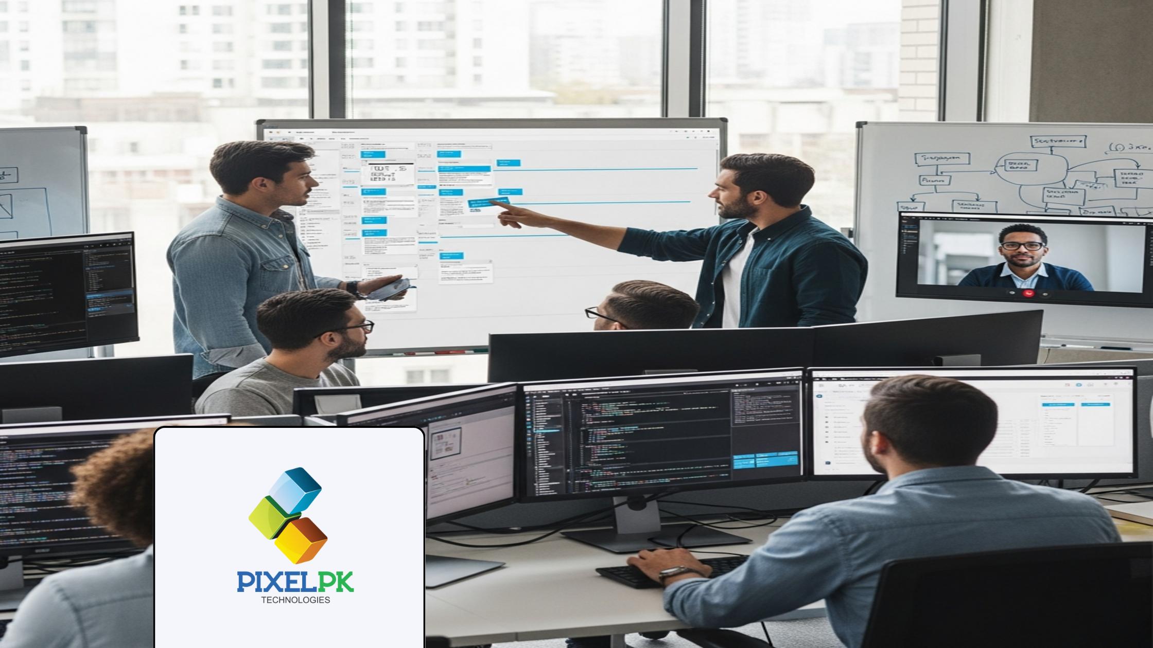 Professional team prioritizing Custom Software Features using a digital roadmap in a modern office.