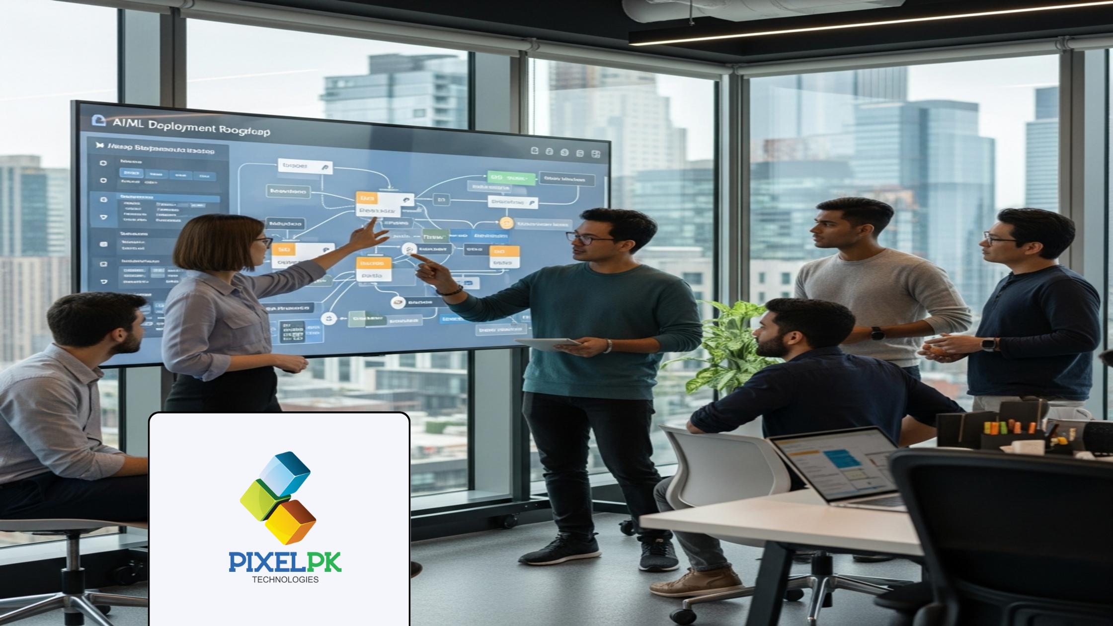 Professional team collaborating on an AI/ML Deployment Roadmap in a contemporary office setting.