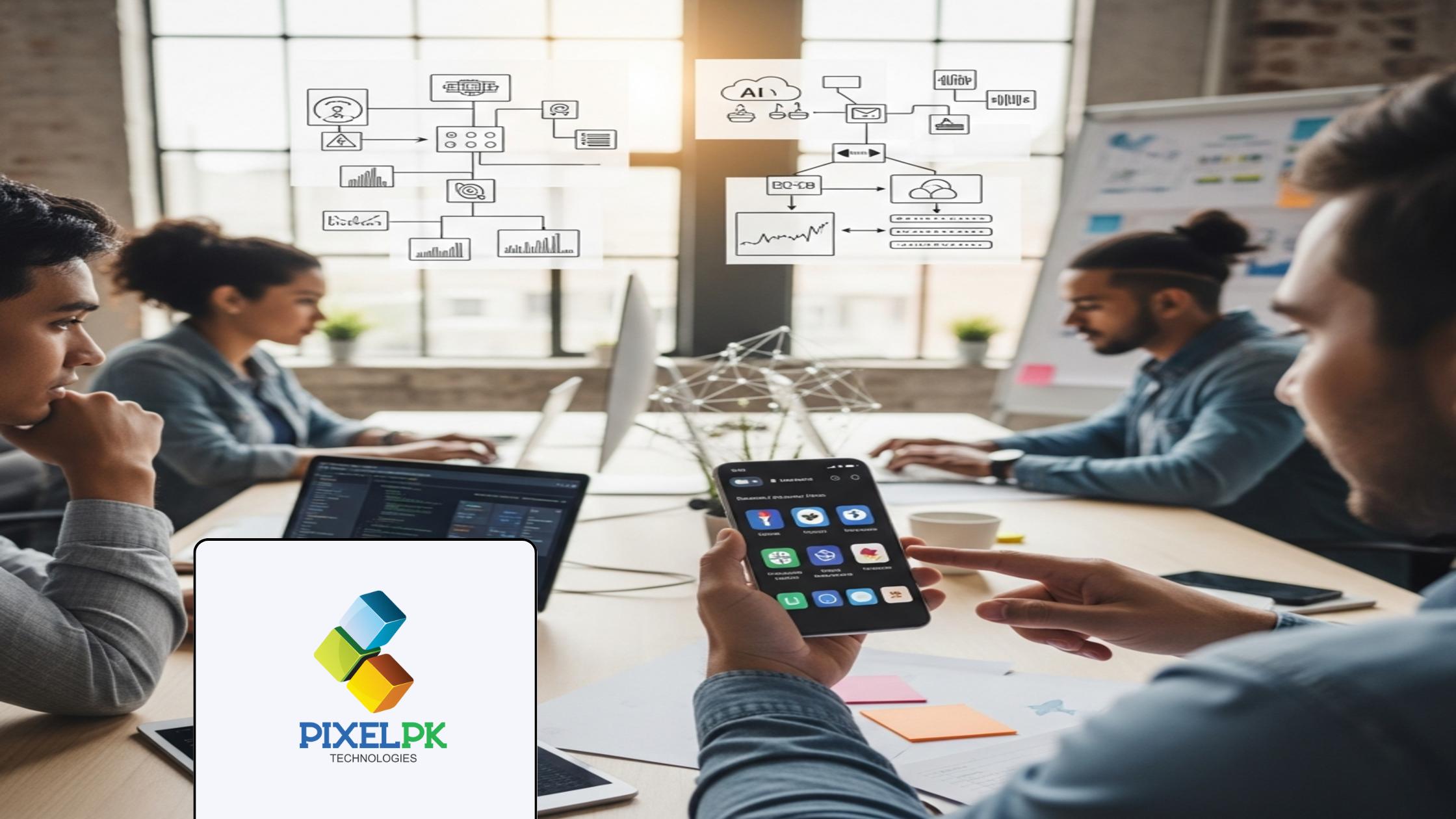 Professional team integrating AI into mobile applications, showing Mobile App AI Integration with advanced features.