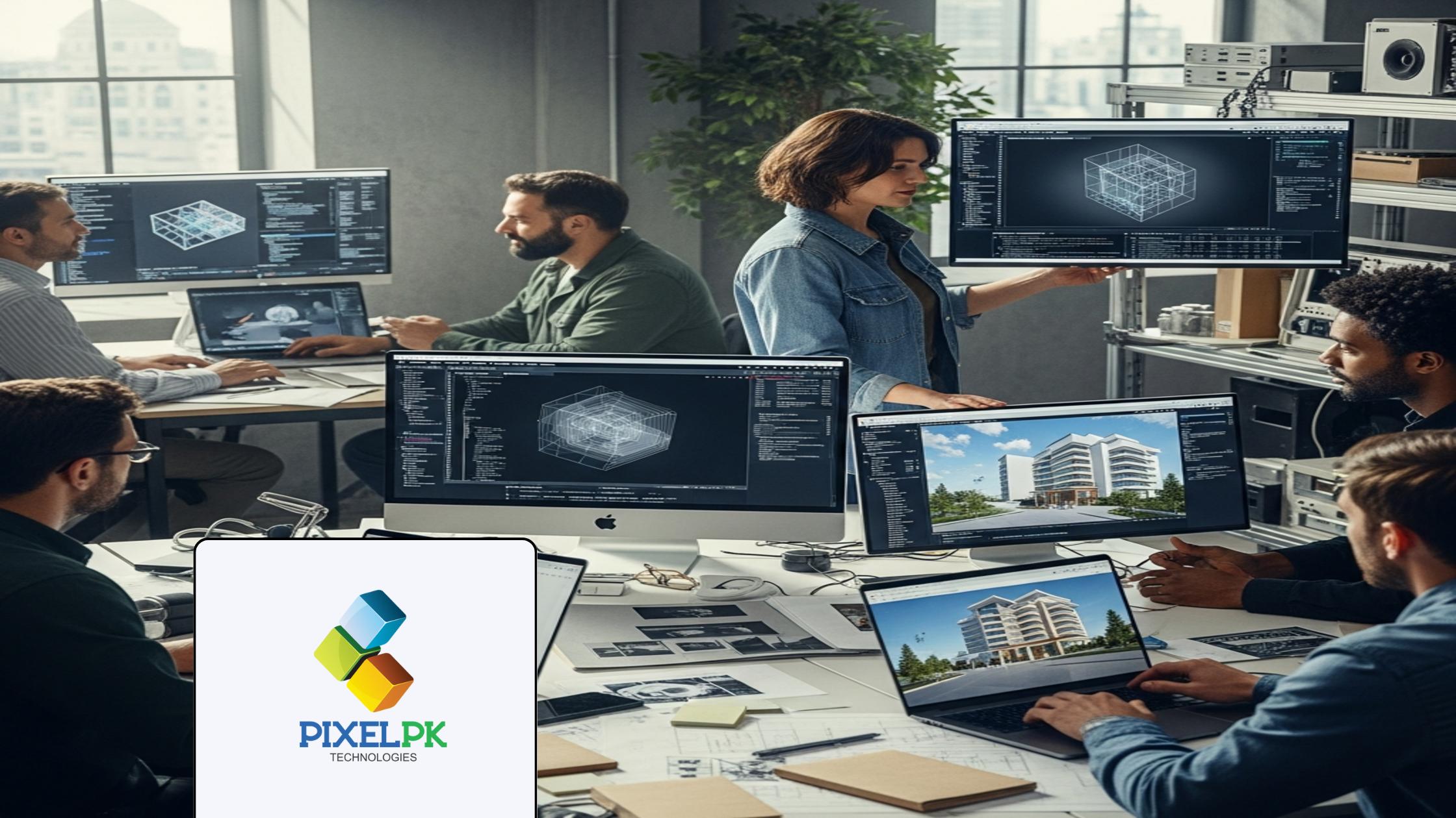 AI engineers collaborating on generative AI implementation in a modern tech lab environment.