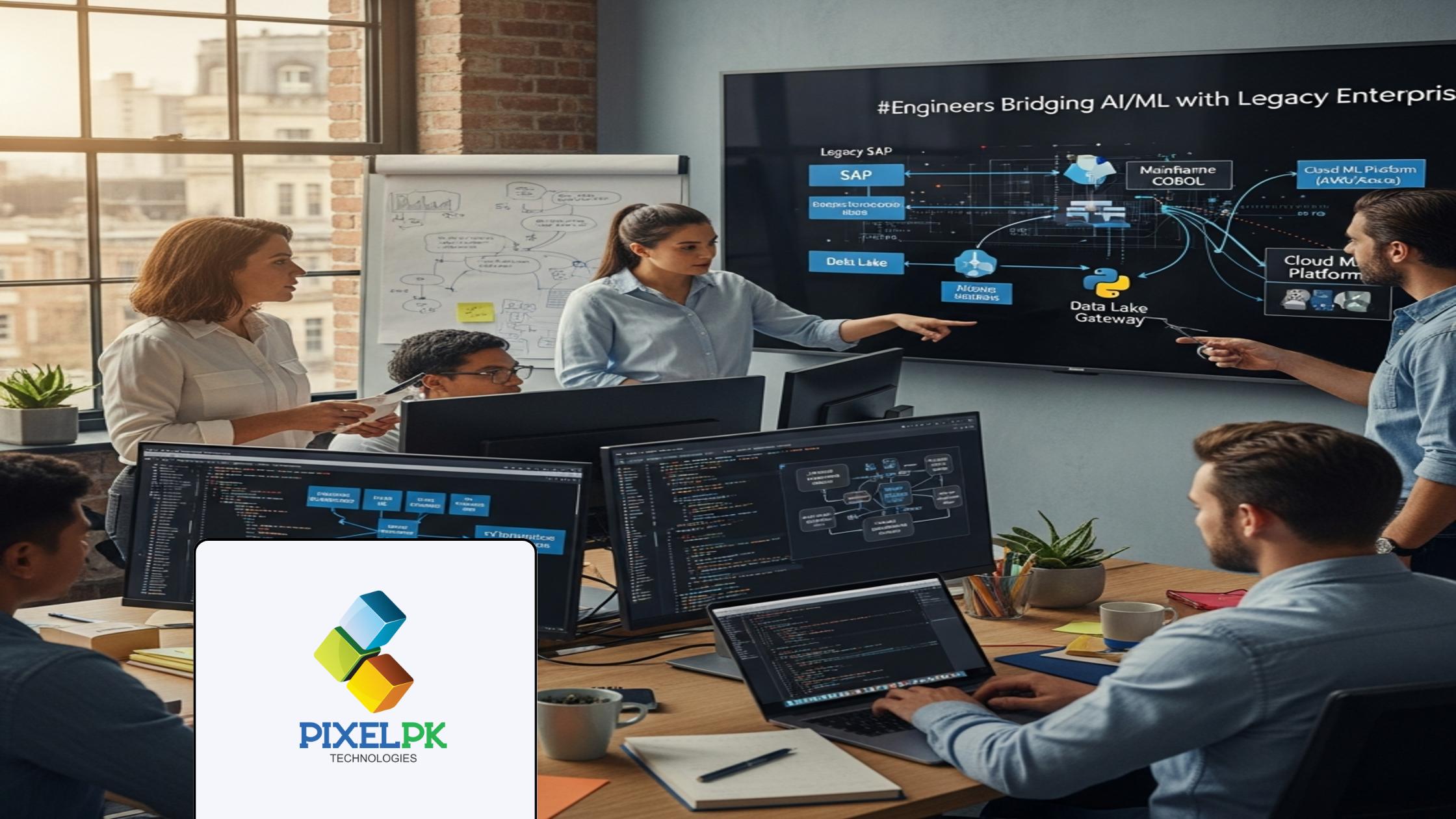 Engineers collaborating on AI ML Legacy Integration, connecting modern AI models with existing enterprise systems.