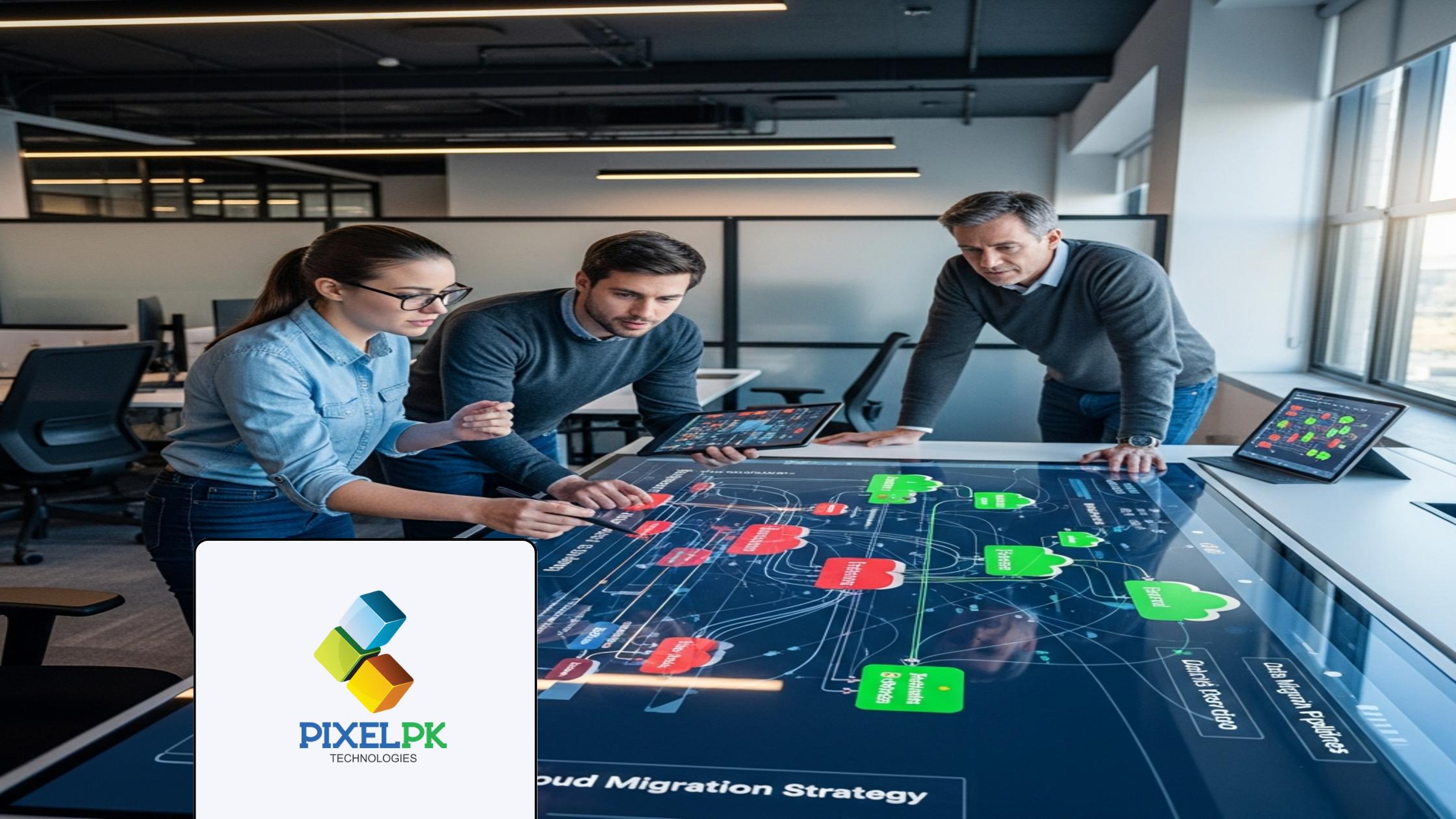 Professional team strategizing Cloud Microservices Migration on digital screens in a modern tech office.