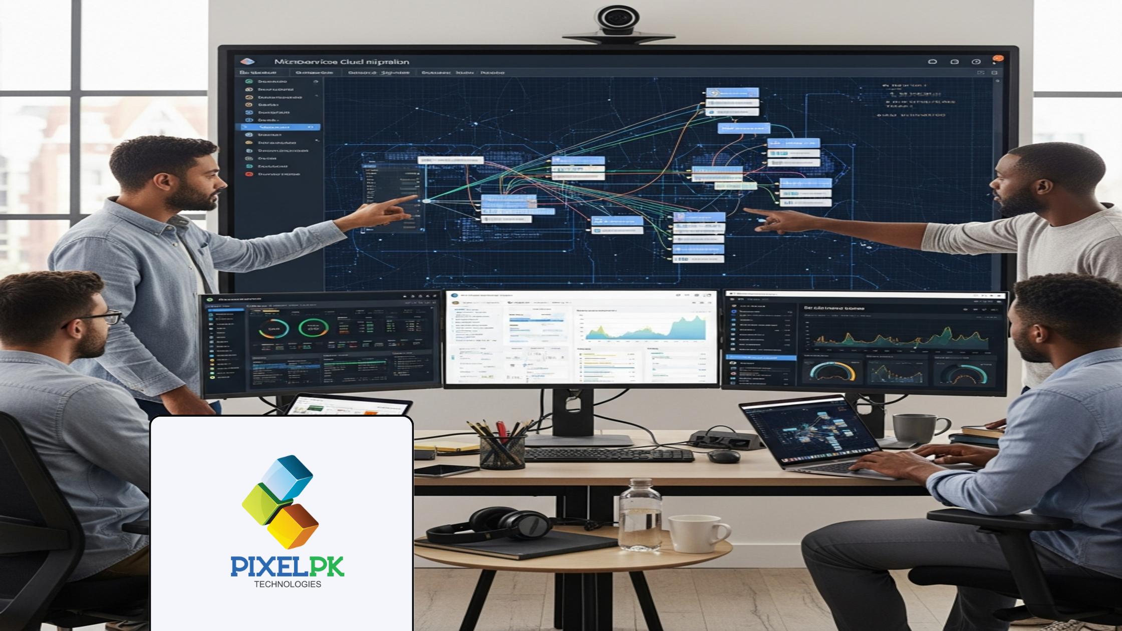 Cloud engineers planning Microservices Cloud Migration strategy in a modern tech office environment.