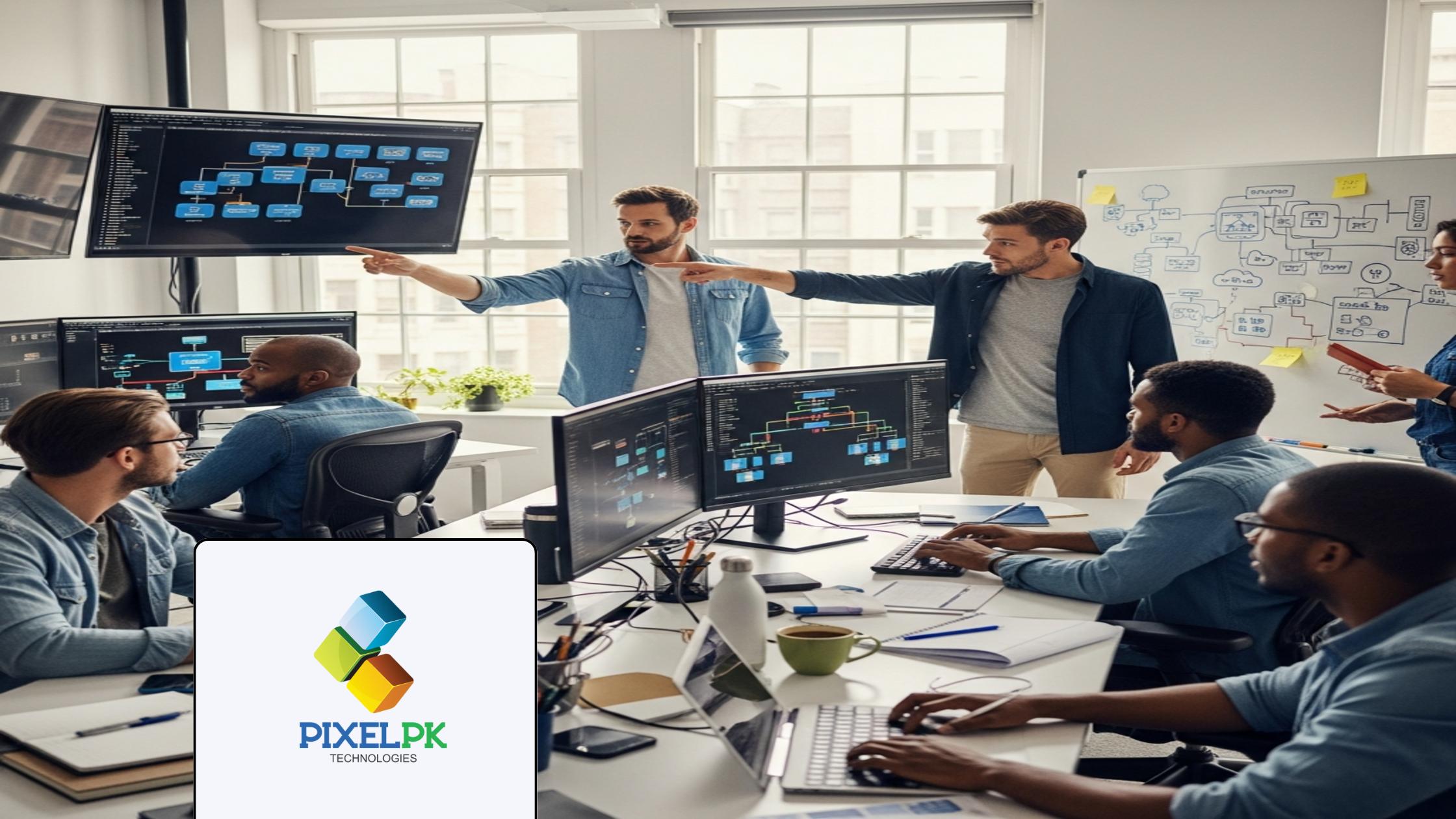 Cloud architects and engineers planning cloud native microservices migration in a modern tech office.