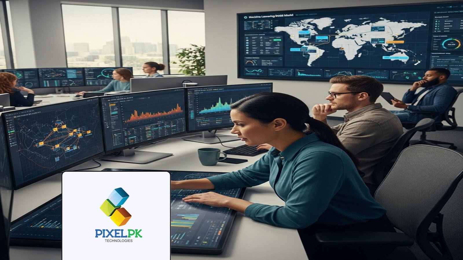 Engineers managing and monitoring the deployment of AI/ML solutions in a modern tech operations center.