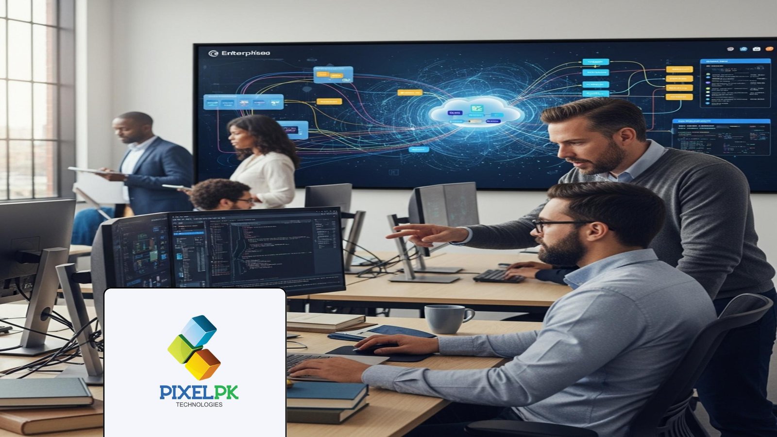 Modern office displaying AI System Integration with engineers configuring complex data flow architectures.