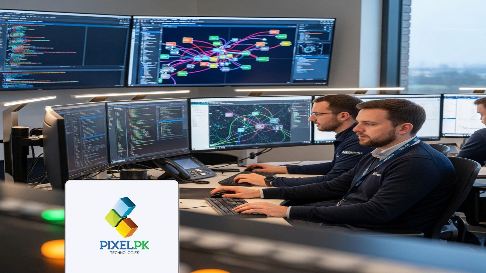 Engineers integrating advanced AI in legacy systems within a modern data control room.