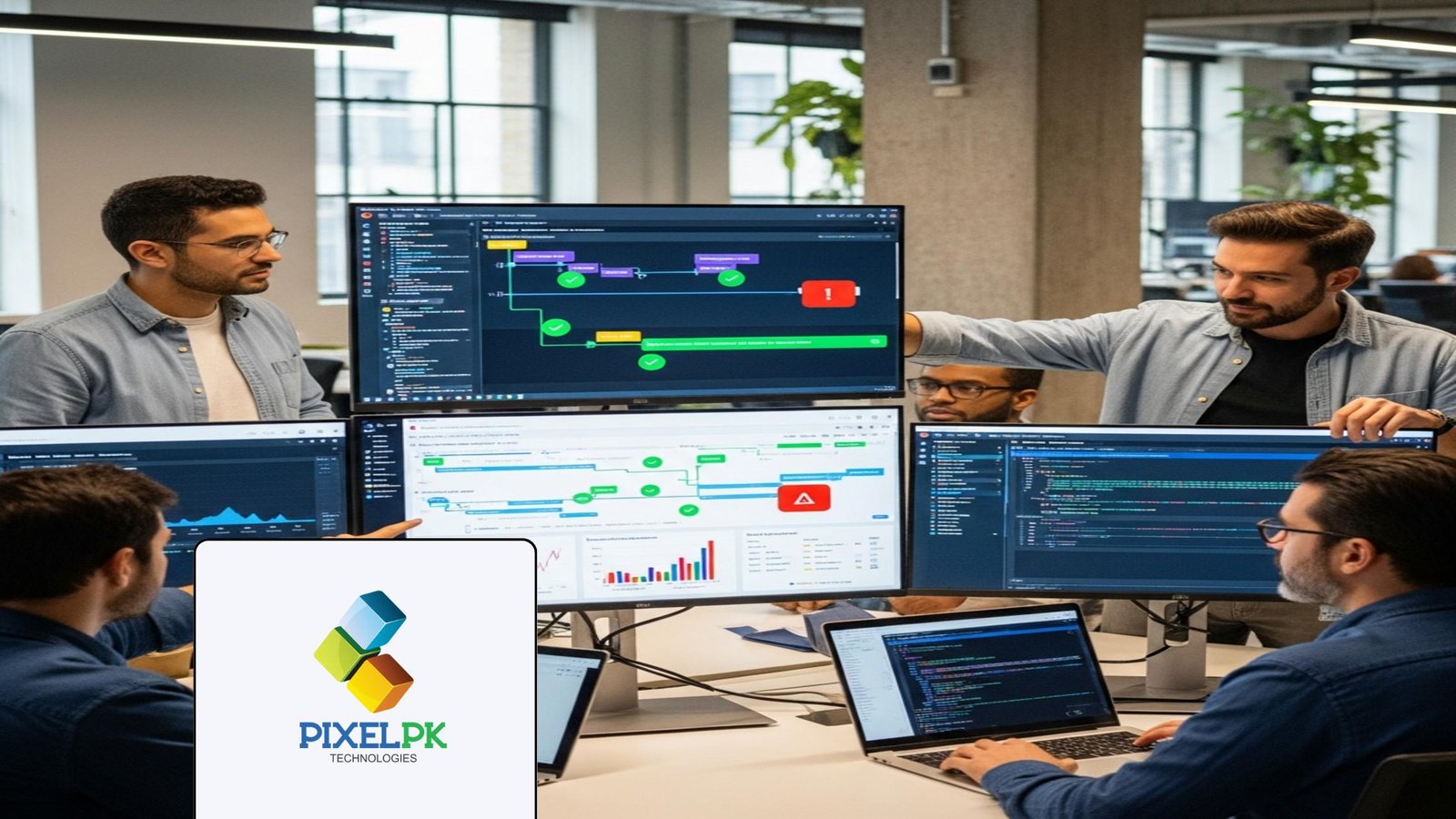 MLOps engineers optimizing MLOps business operations and machine learning deployment in a modern tech office.