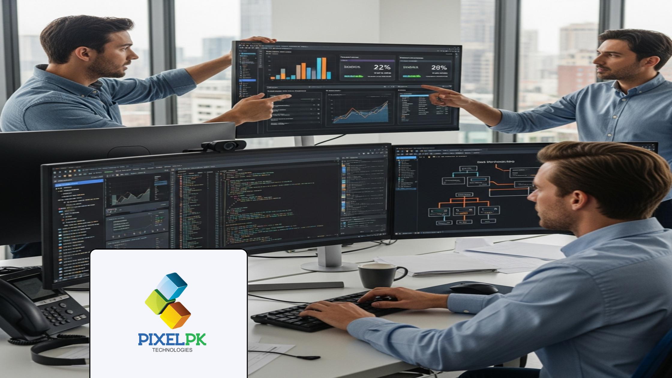 Cloud engineers managing cloud-native microservices migration on professional monitoring dashboards.