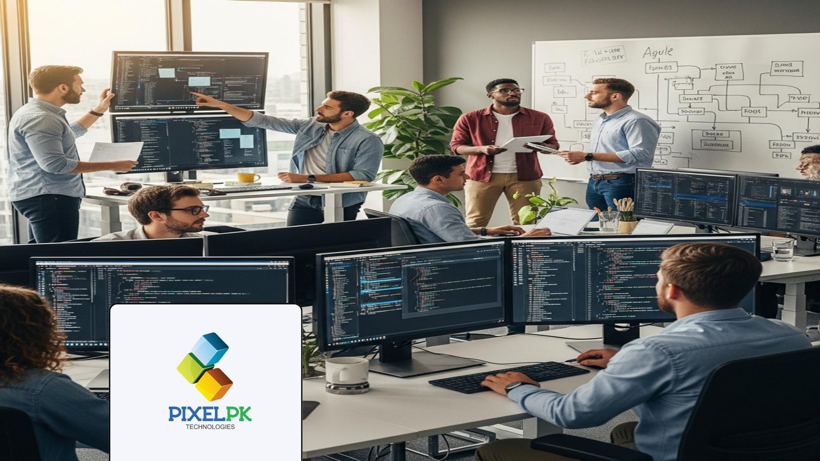 Software engineers collaboratively developing custom software development solutions in a modern tech workspace.