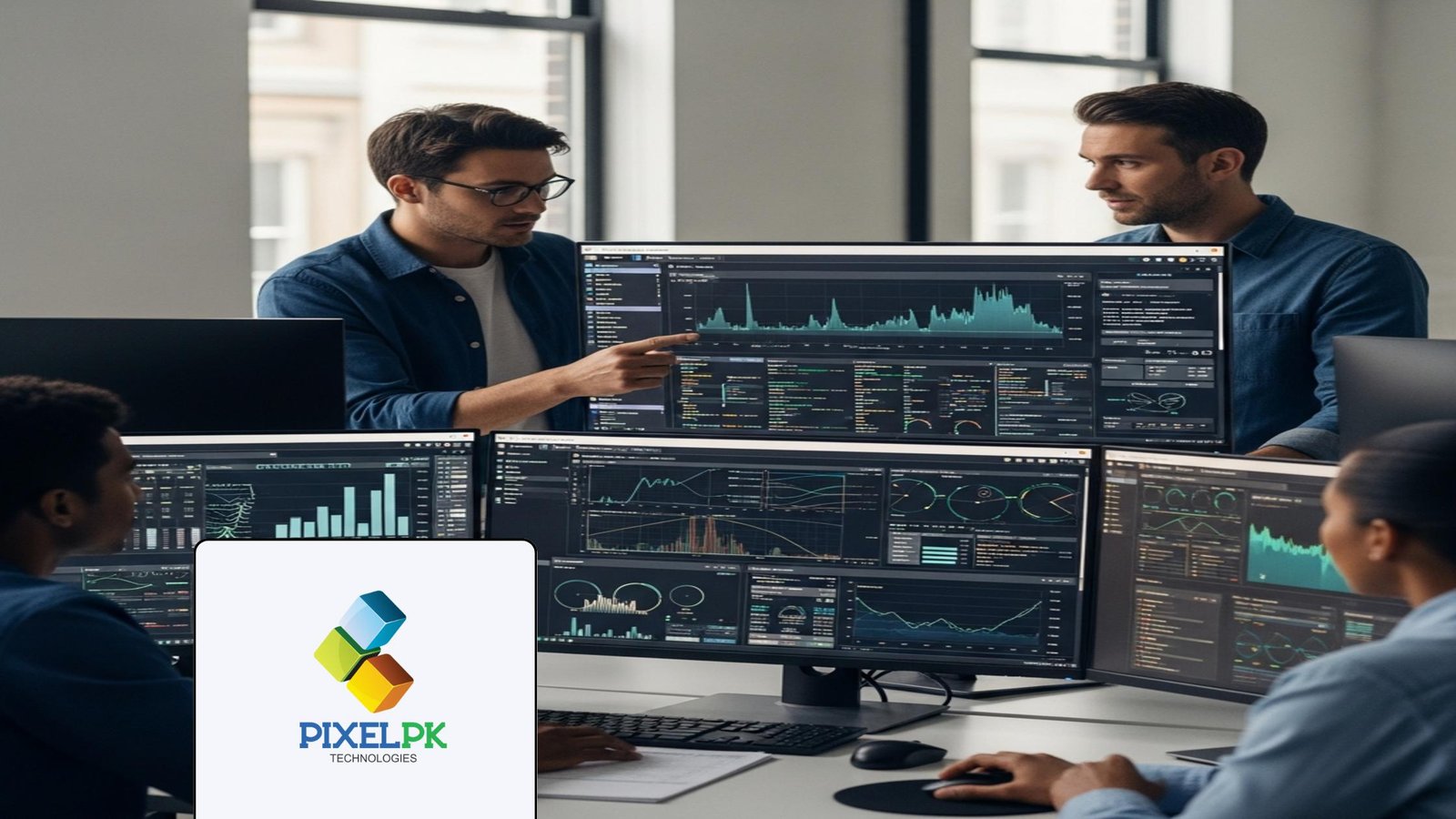 ML engineers monitoring MLOps for Business implementation with data dashboards.