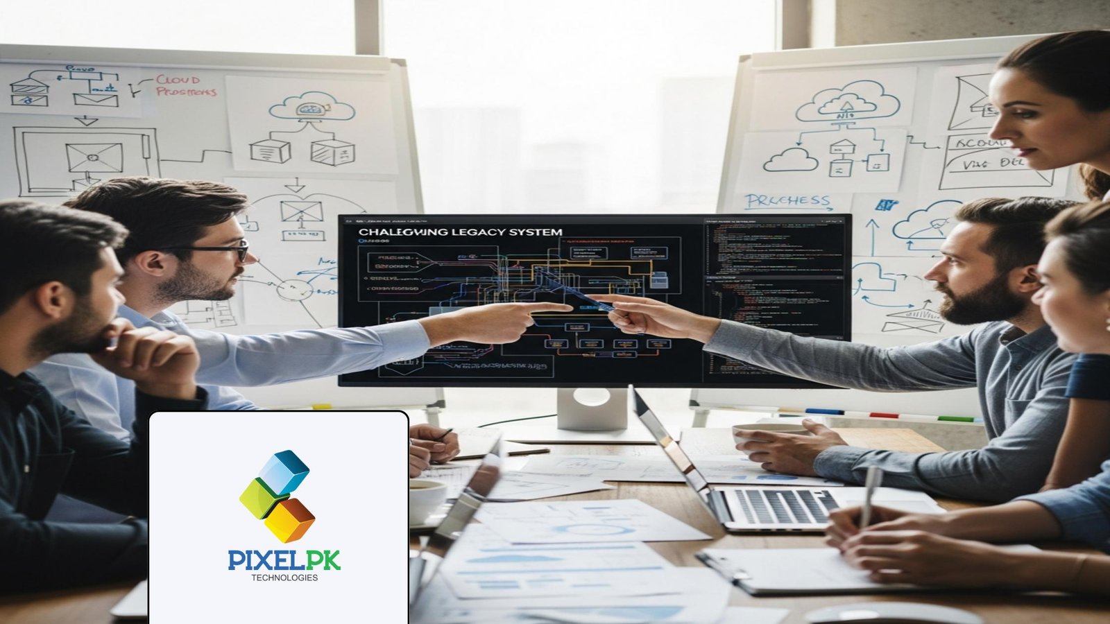 Engineers collaborating on legacy system modernization, designing new cloud solutions from existing architecture.