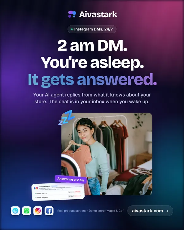 An online seller holds a coral dress up to a ring light in her bedroom studio. Over the photo, a real Aivastark settings card shows Facebook & Instagram connect
