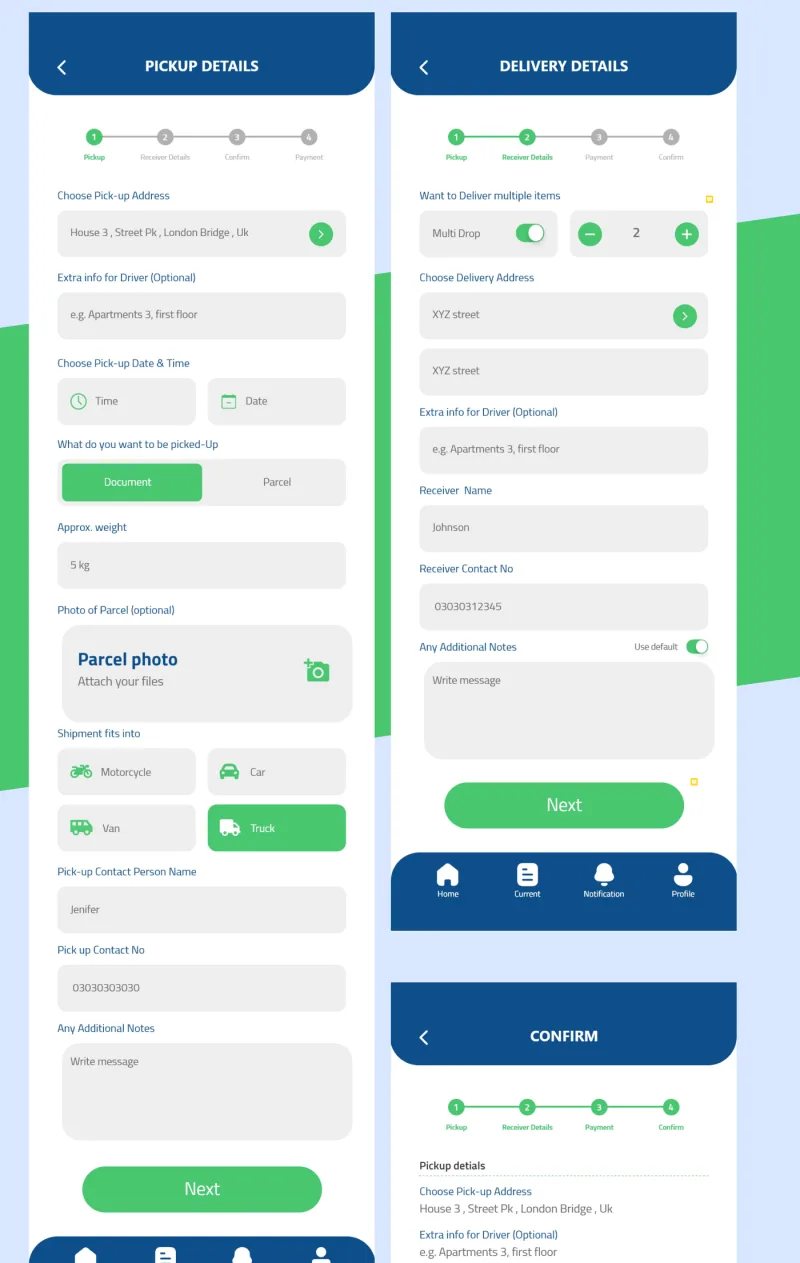 BravoSix booking — pickup details, delivery details and confirm