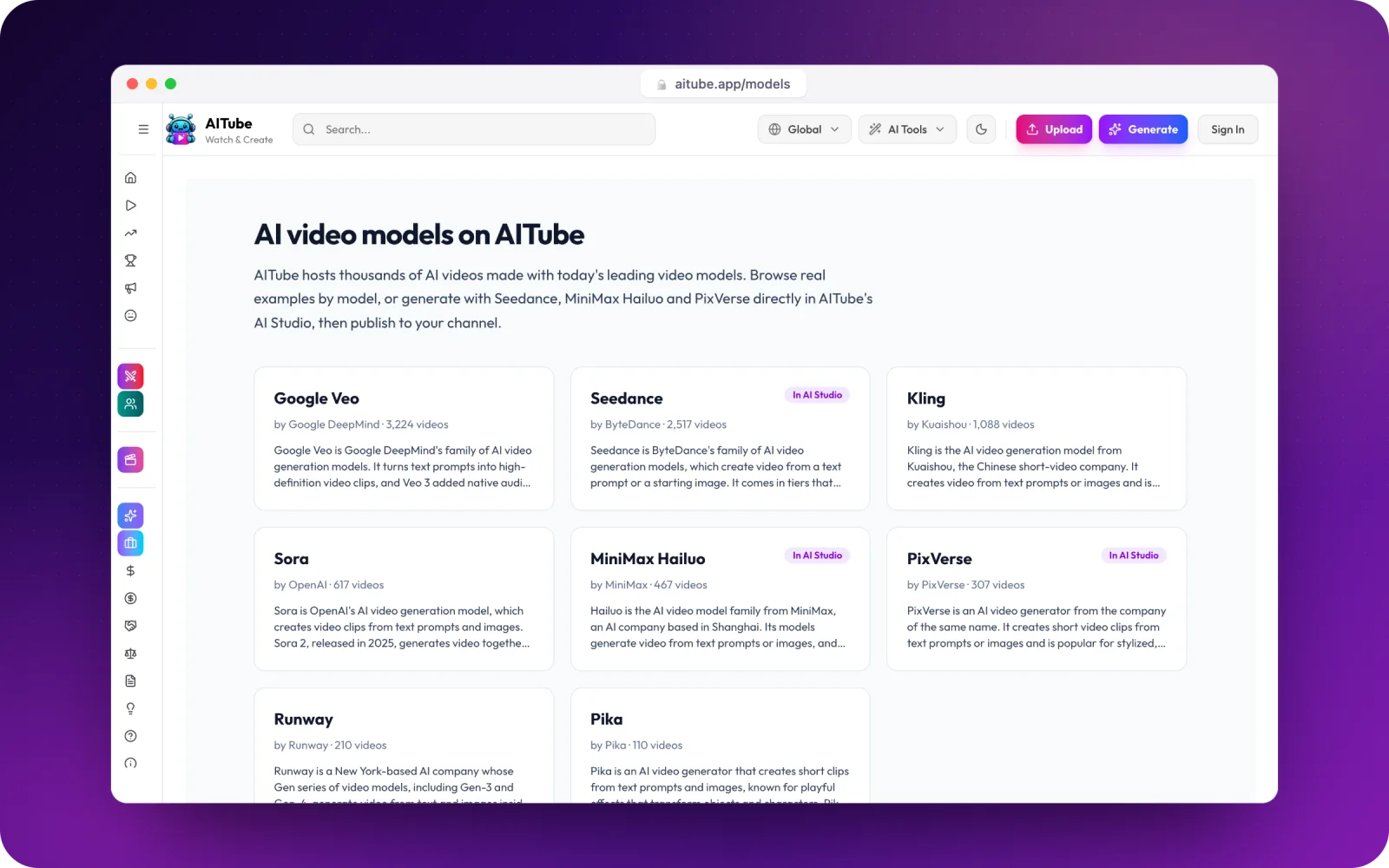 AI video models on AITube — Veo, Seedance, Kling and more