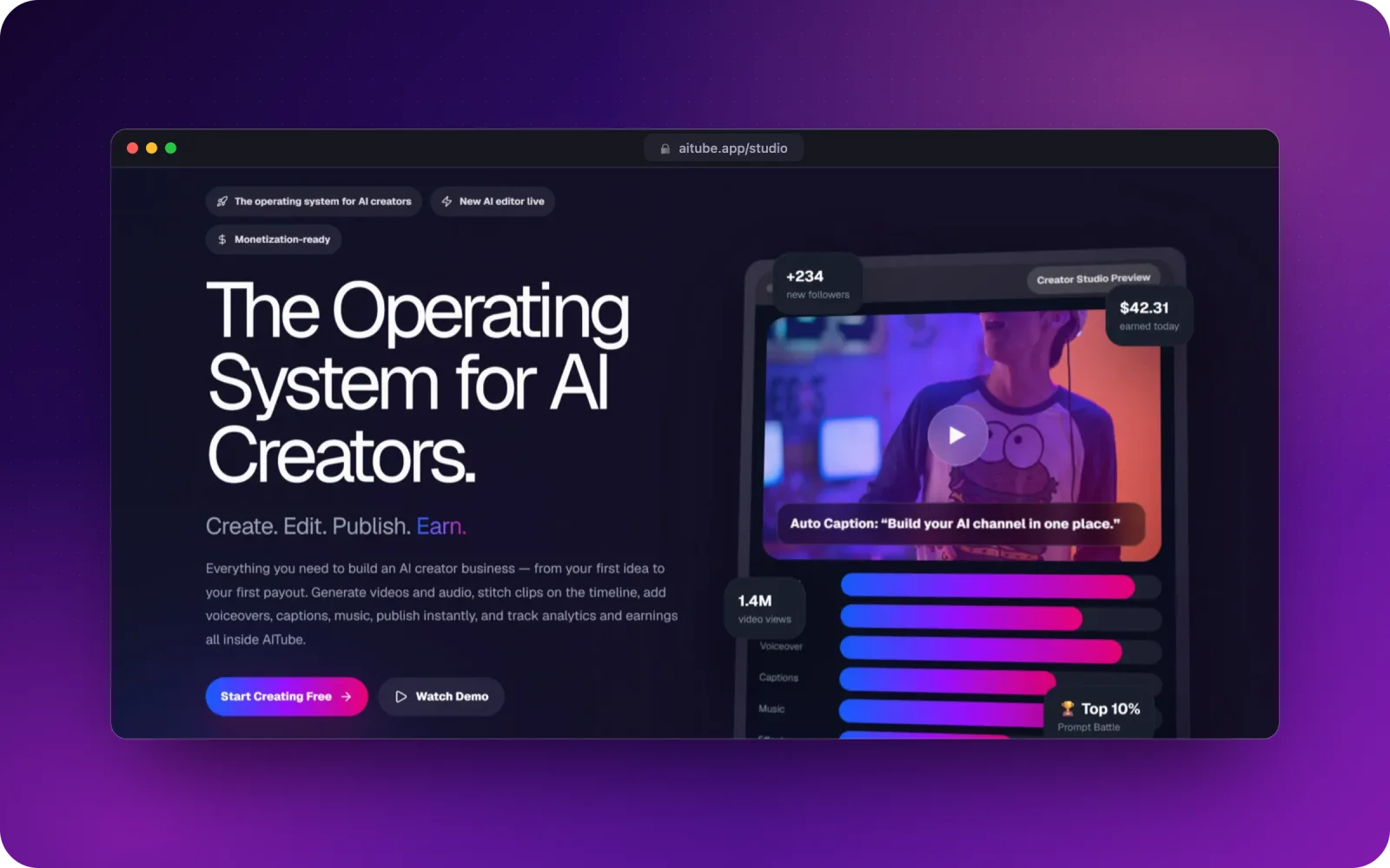 AITube Creator Studio — create, edit, publish, earn