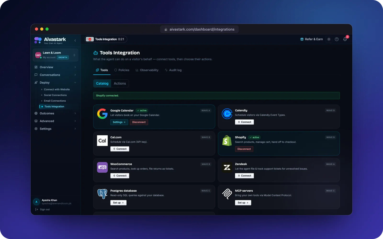 Aivastark tools — Google Calendar, Calendly, Cal.com, Shopify, WooCommerce, Zendesk and MCP servers