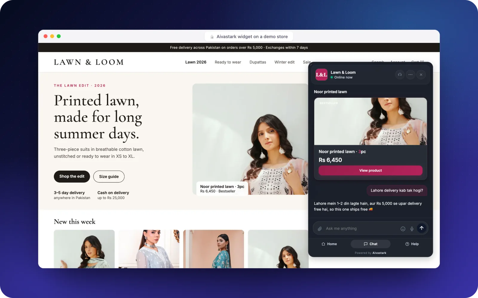 Aivastark answering a shopper in Roman Urdu on a store website (demo store)