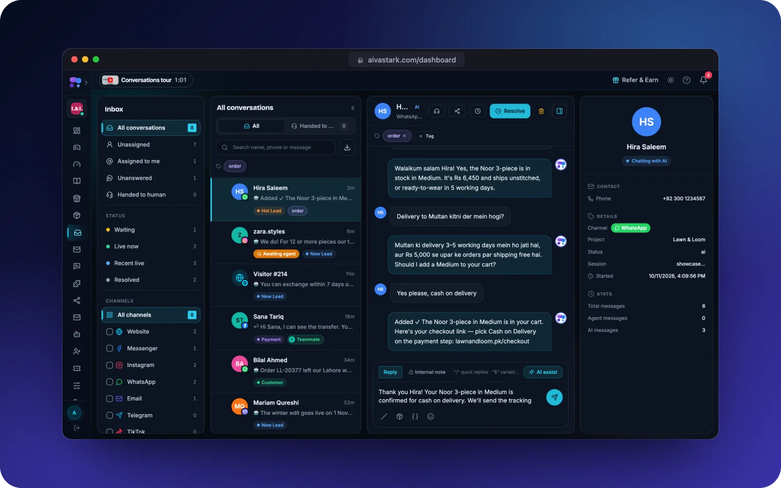 Aivastark team inbox — every channel in one place (demo data)