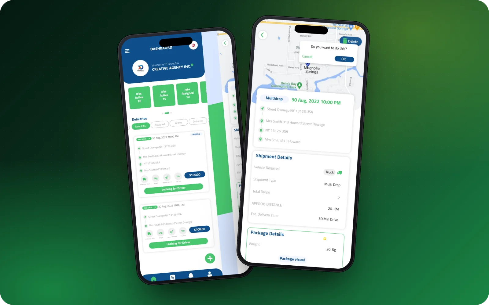 BravoSix company app — deliveries looking for a driver and shipment details