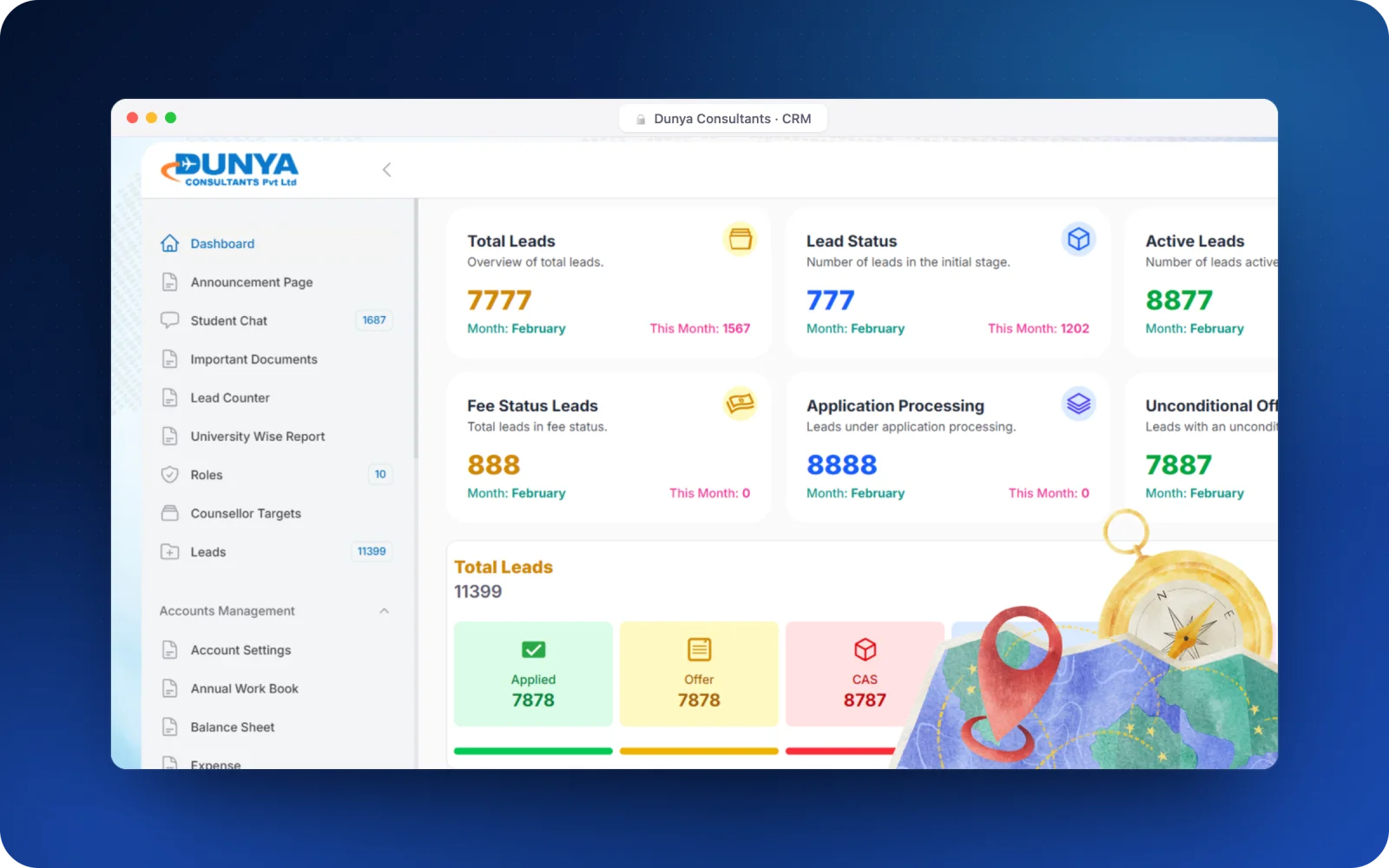 Dunya Consultants CRM — leads, applications, offers and CAS