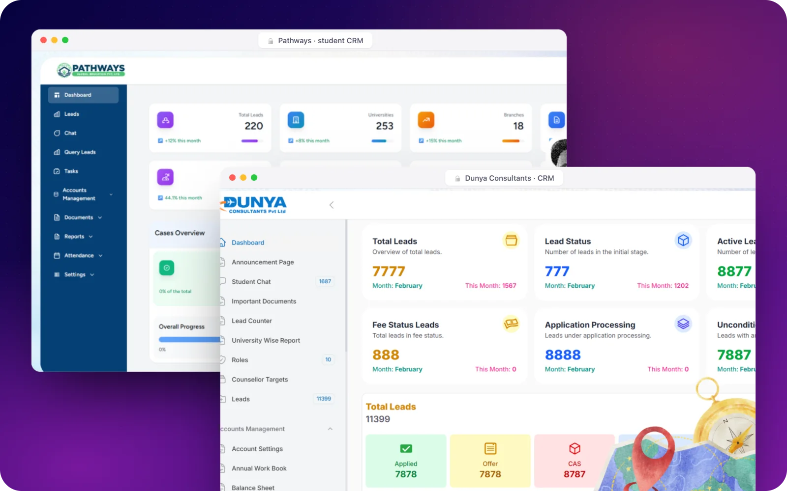 Consultancy CRM dashboards — Pathways and Dunya