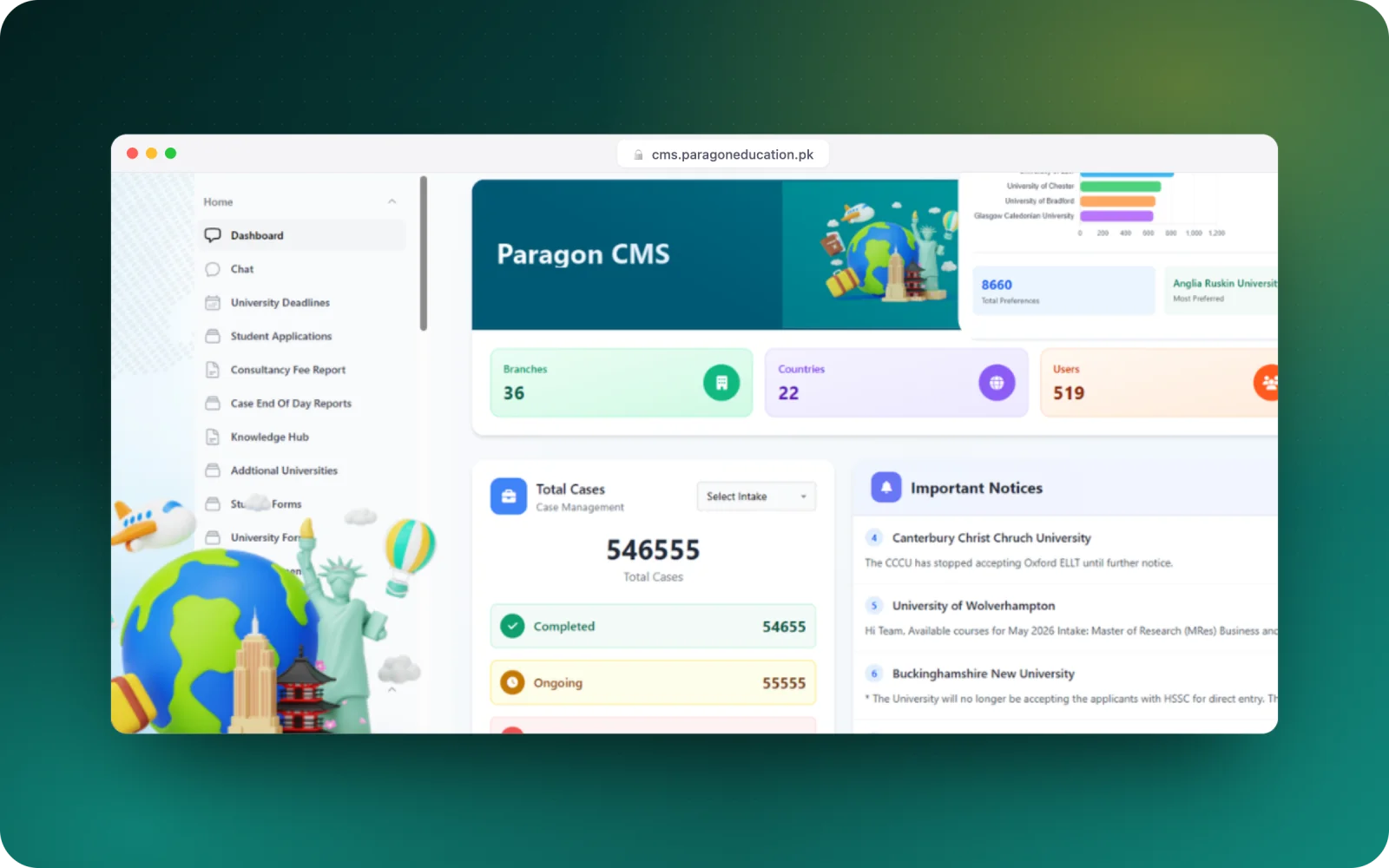 Paragon CMS — cases, notices and university deadlines