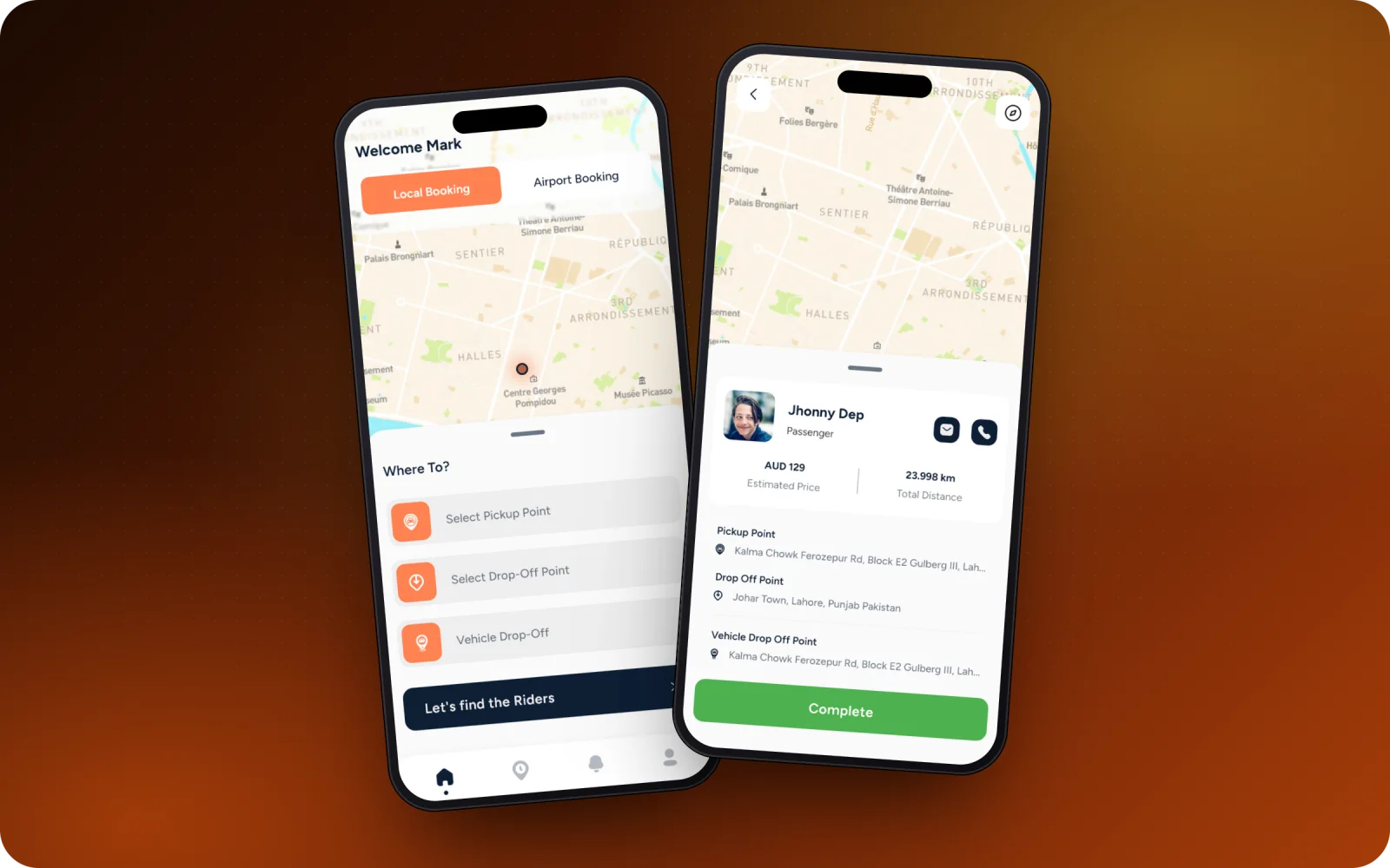 DADSS customer app — local or airport booking and ride details (dummy data)