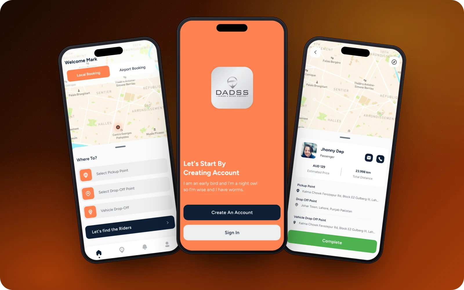 DADSS app — booking, sign-up and ride details (dummy data)