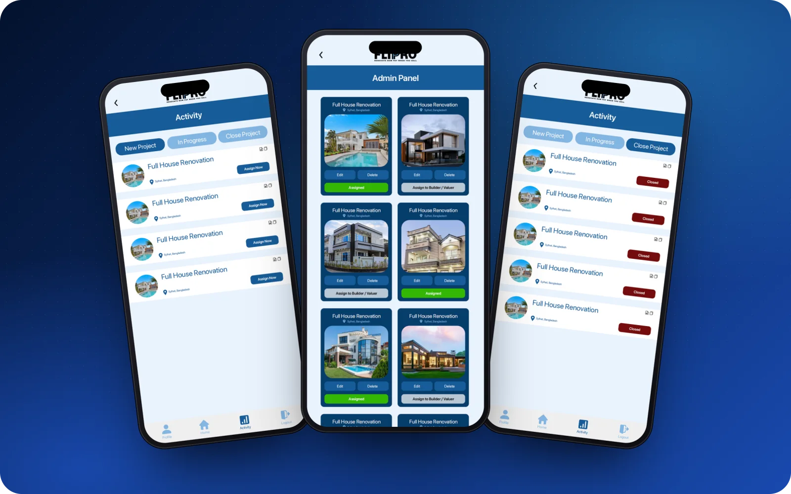 Flipro admin app — activity, admin panel and closed projects