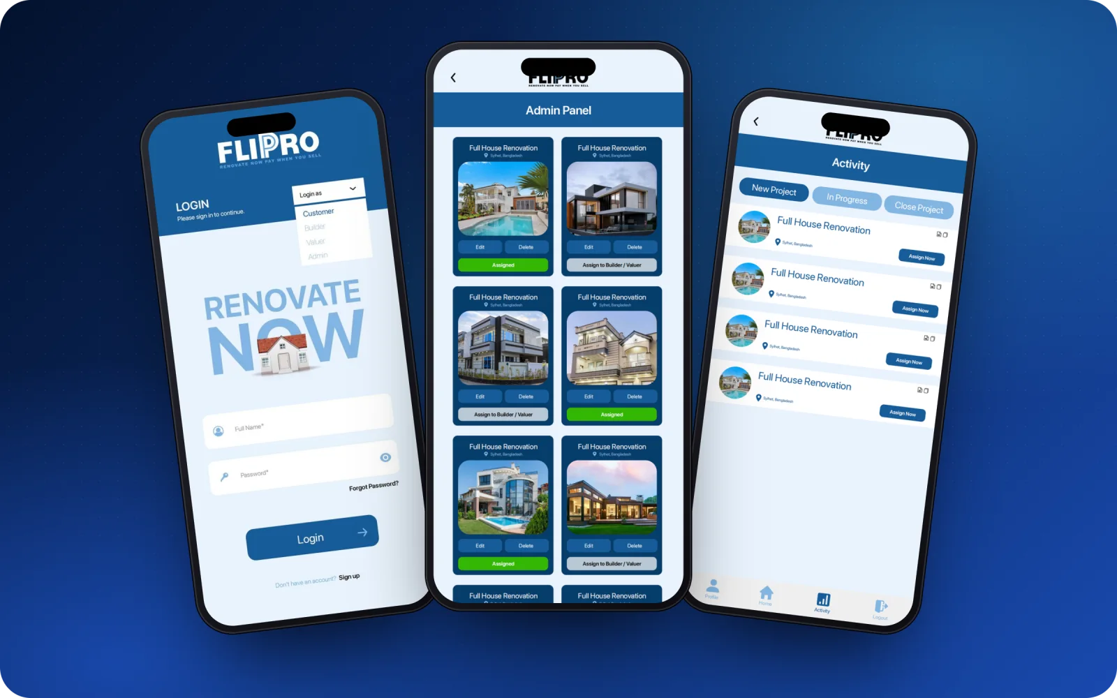 Flipro app — login, admin panel and activity