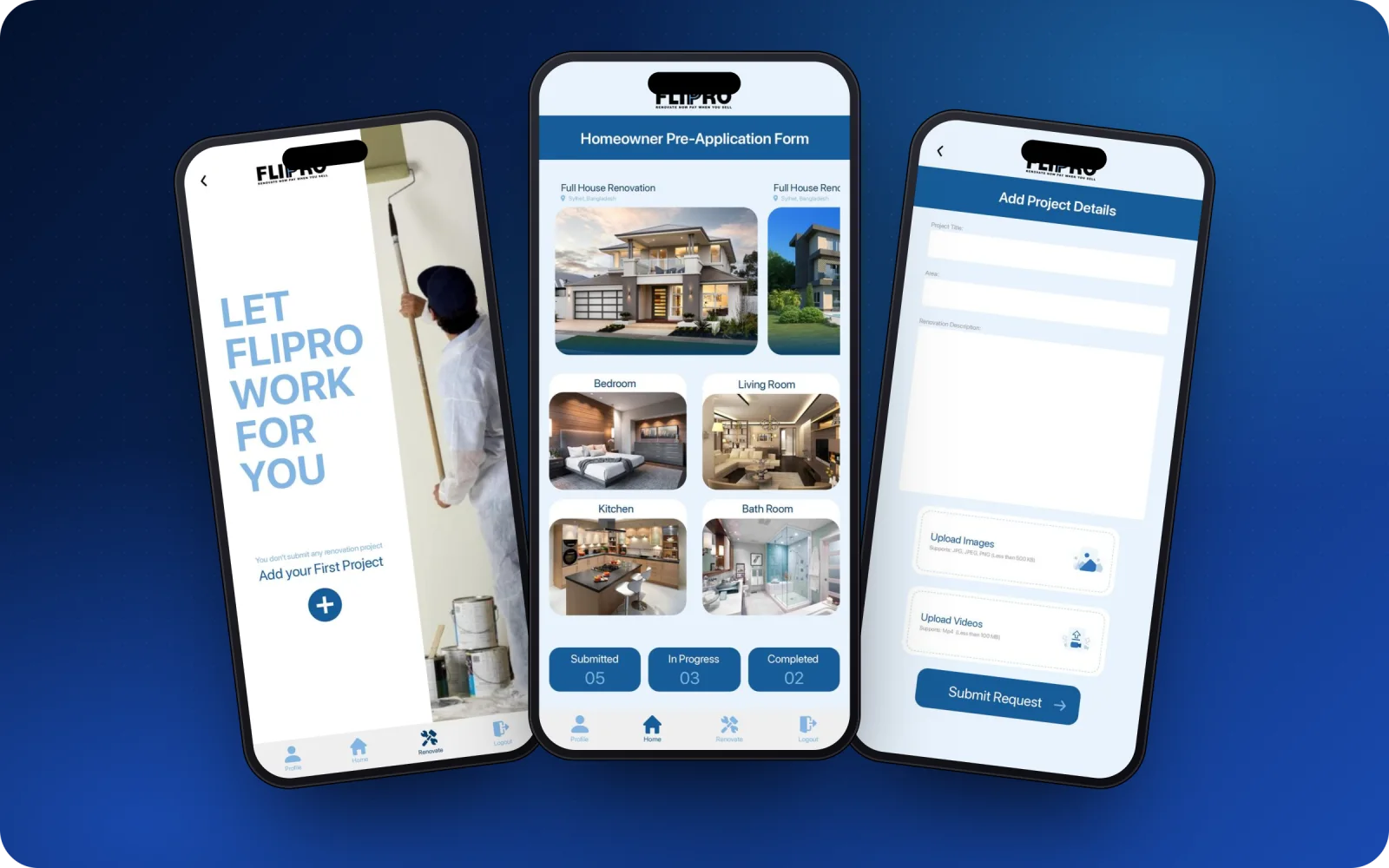 Flipro homeowner app — first project, rooms and project details