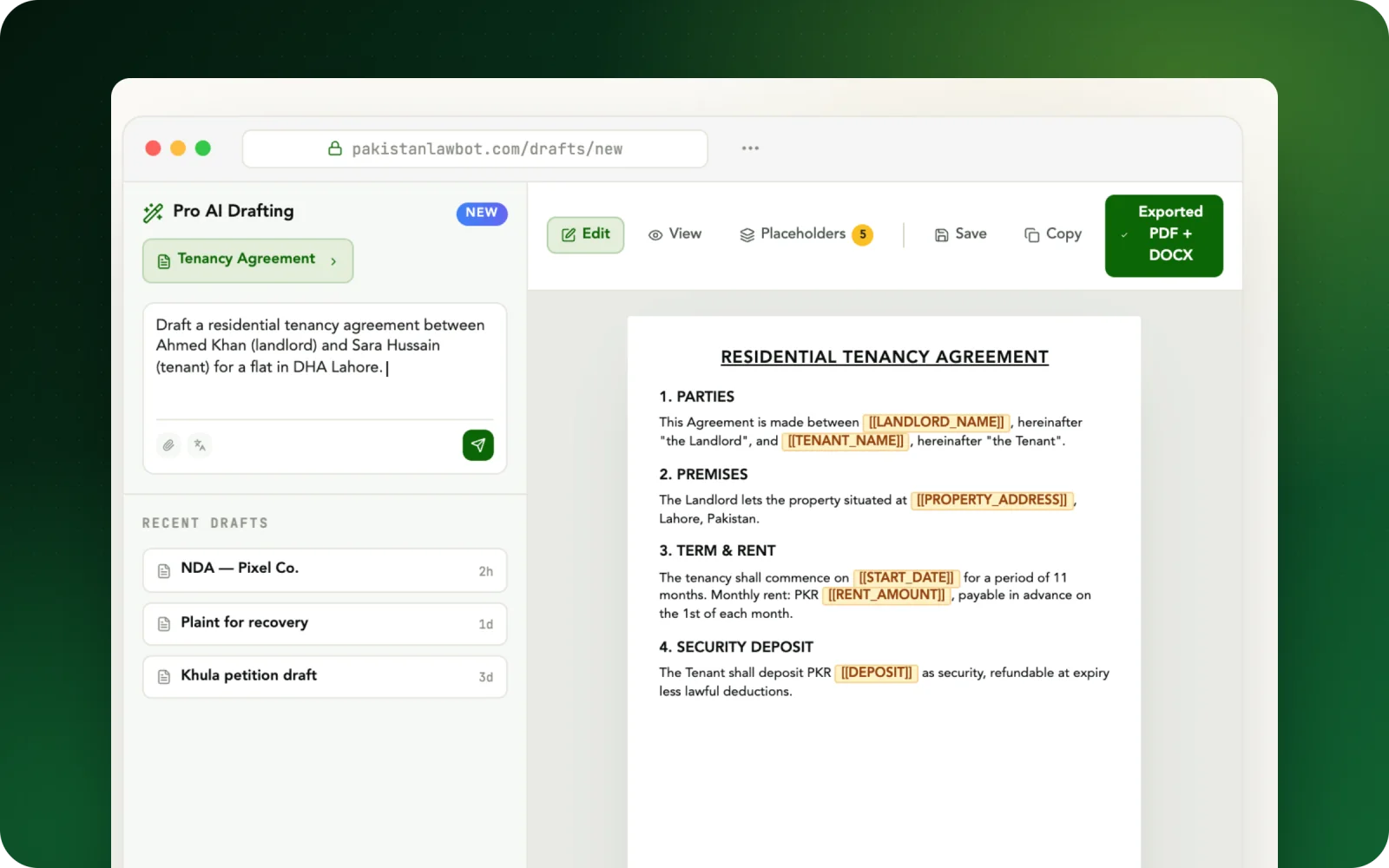 LawBot AI drafting — a residential tenancy agreement with placeholders