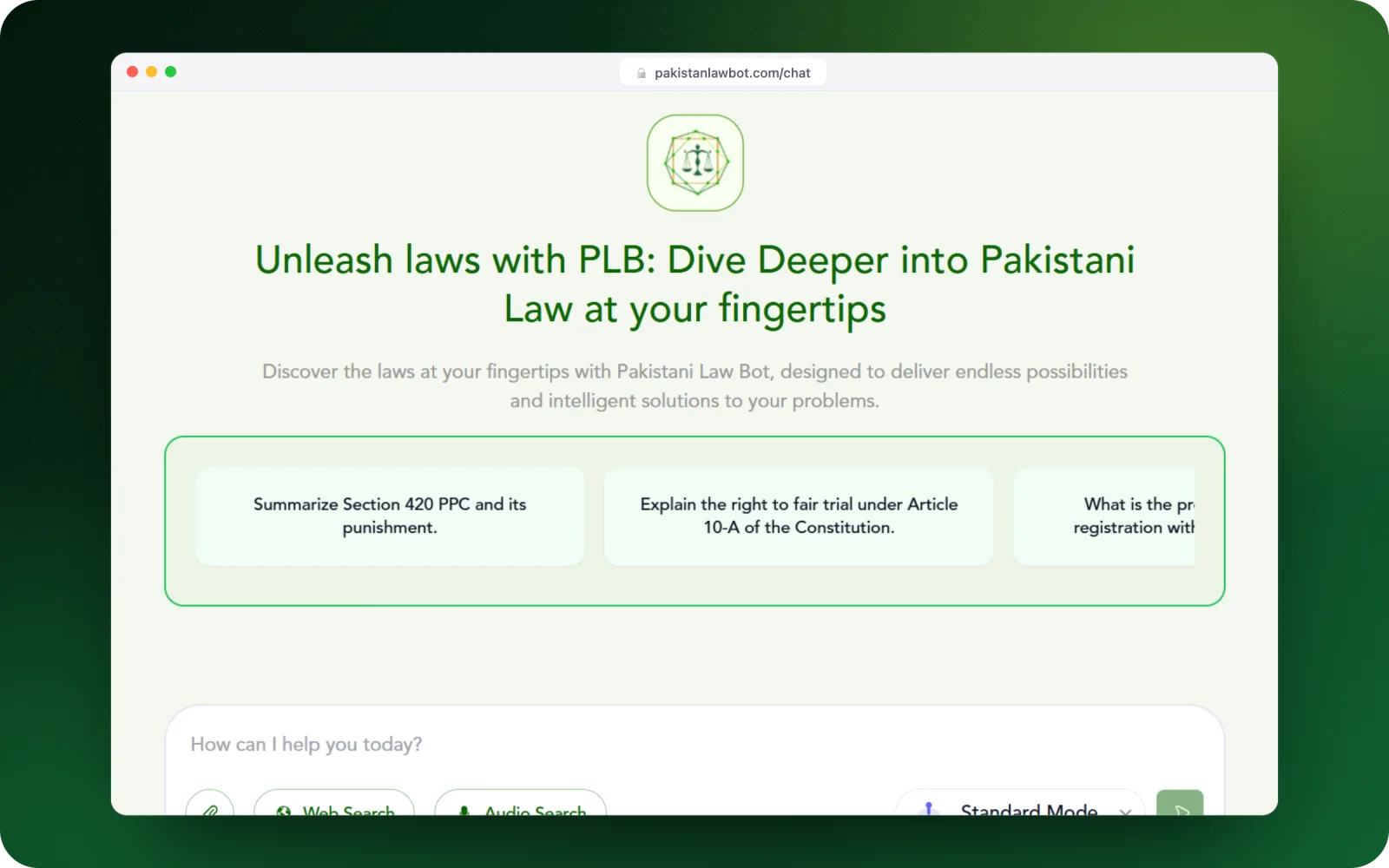 LawBot chat — web search, audio search and Standard mode