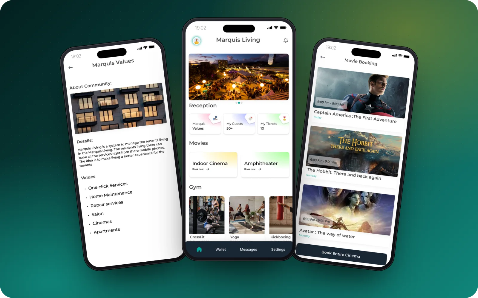 Marquis Living resident app — community values, home and movie booking