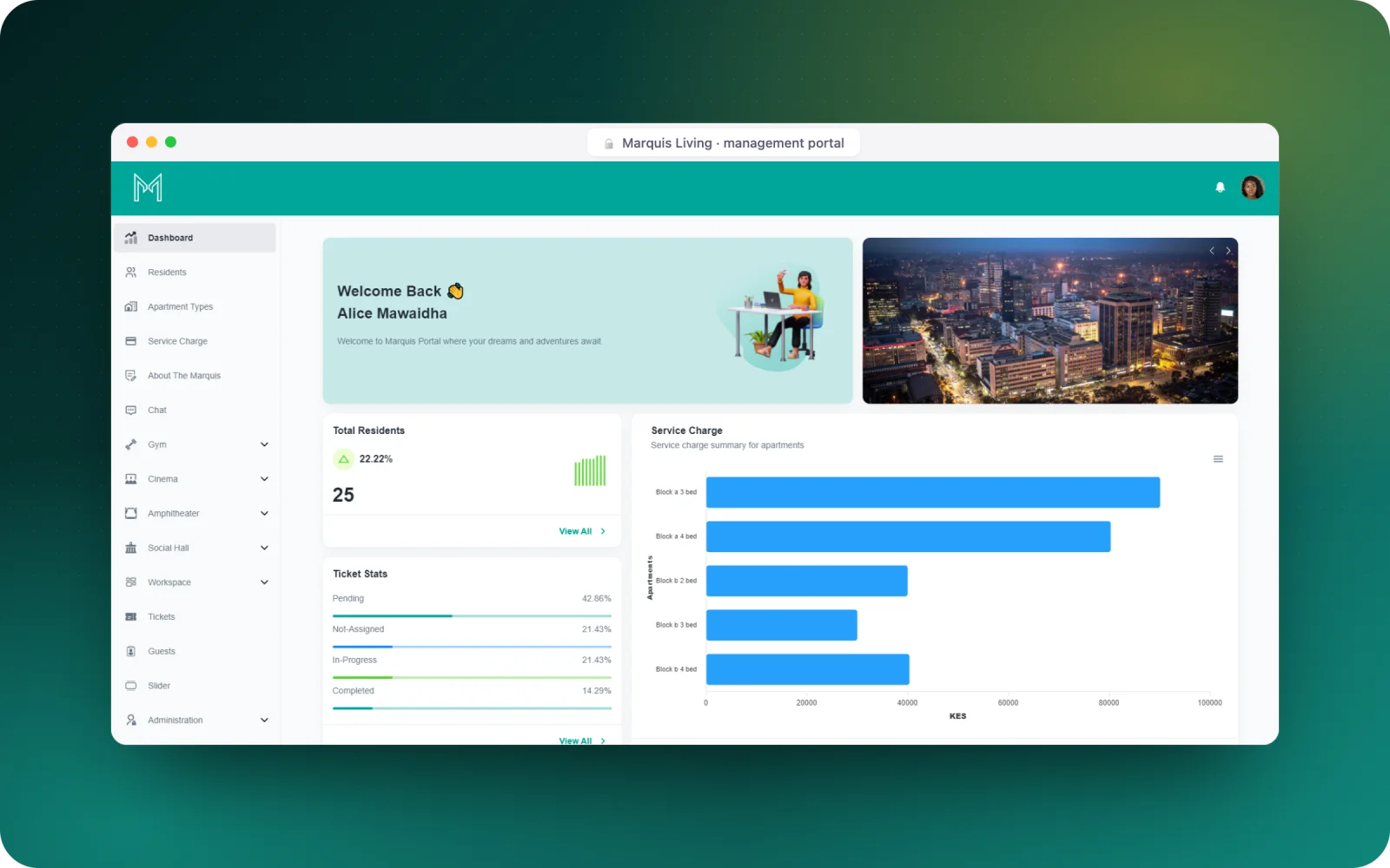 Marquis Living management portal — dashboard with residents, ticket stats and service-charge summary