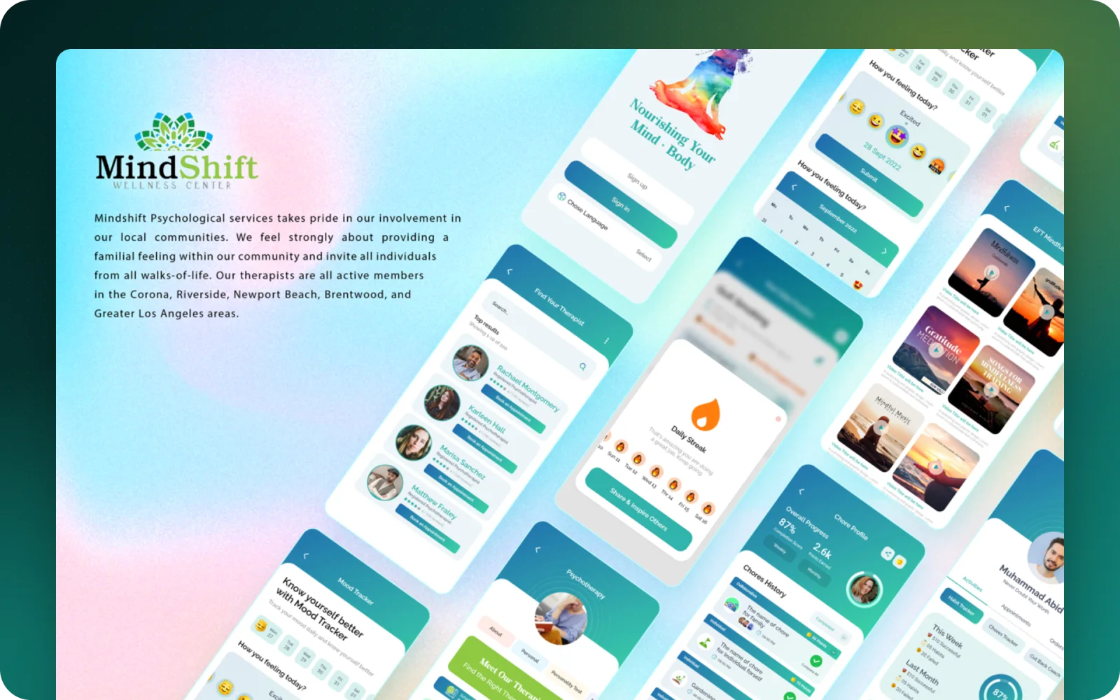 MindShift app screens — mood tracker, therapists, streaks and self-care