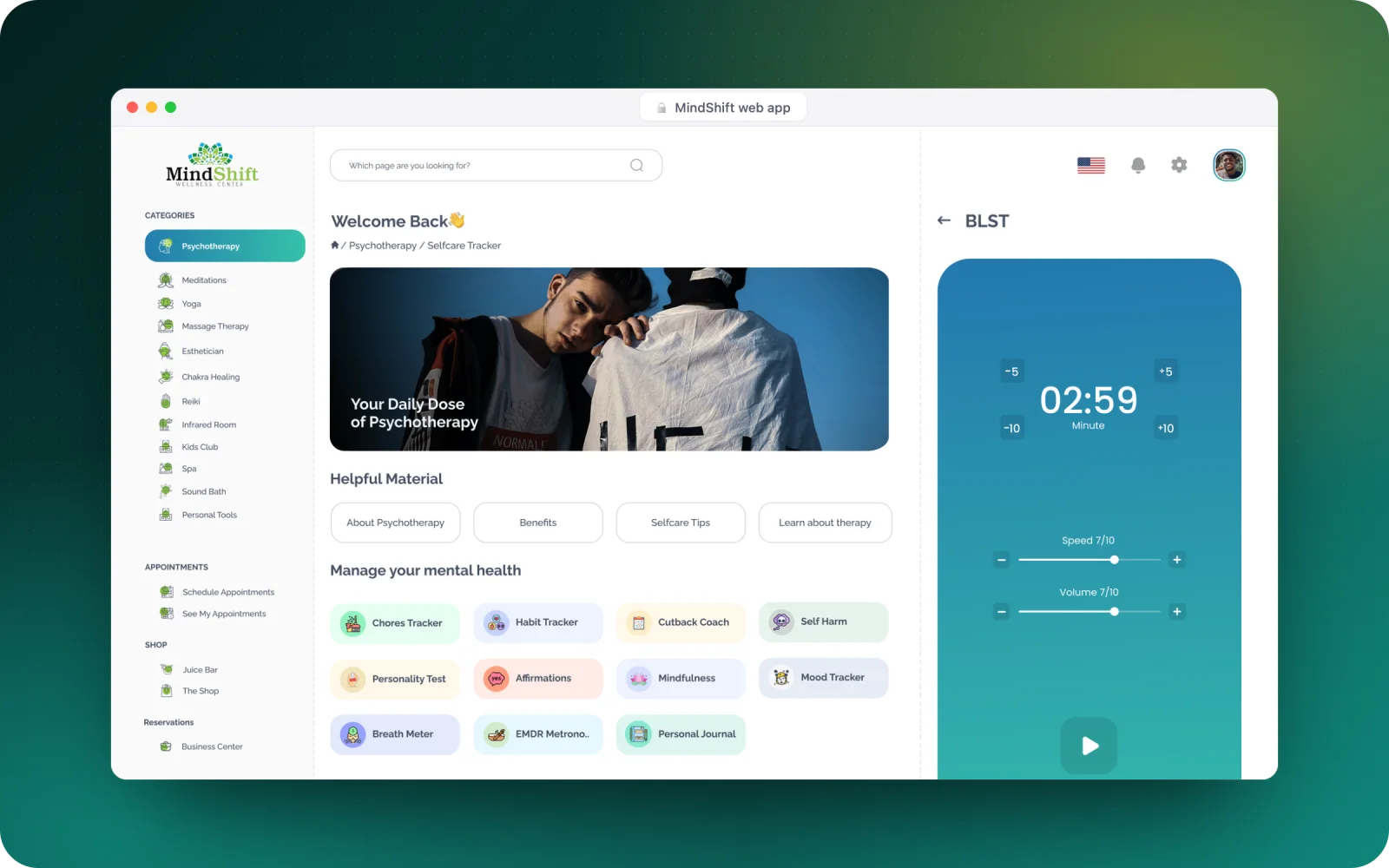 MindShift self-help — trackers, journal and a breathing timer (dummy data)