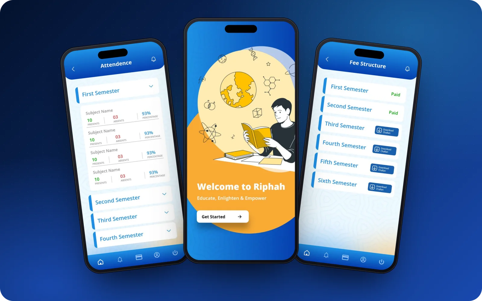 Riphah student app — attendance, welcome and fee structure (dummy data)