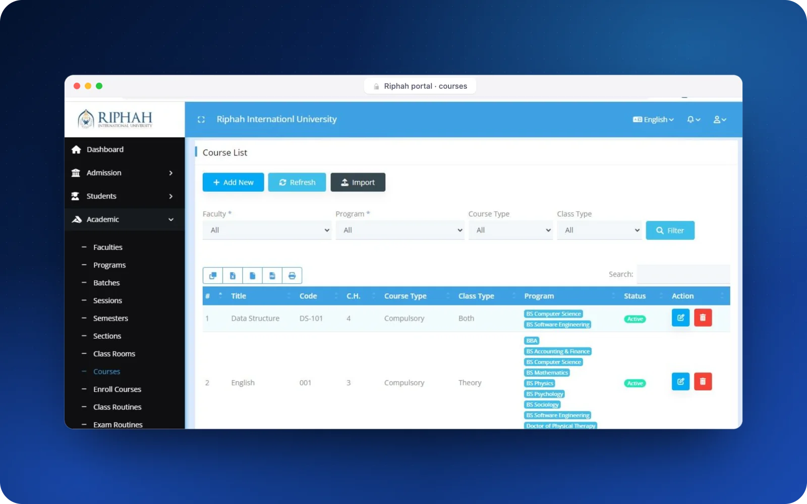 Riphah portal — course list with programs, credit hours and status