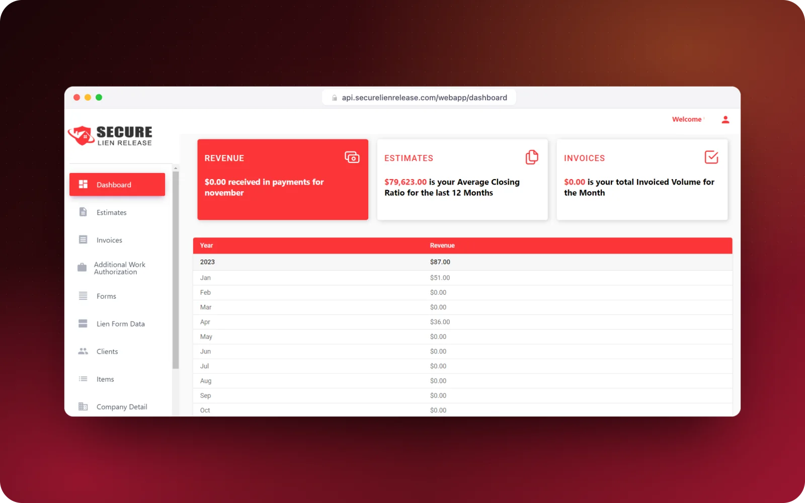 Secure Lien Release dashboard — revenue, estimates and invoices (test data)