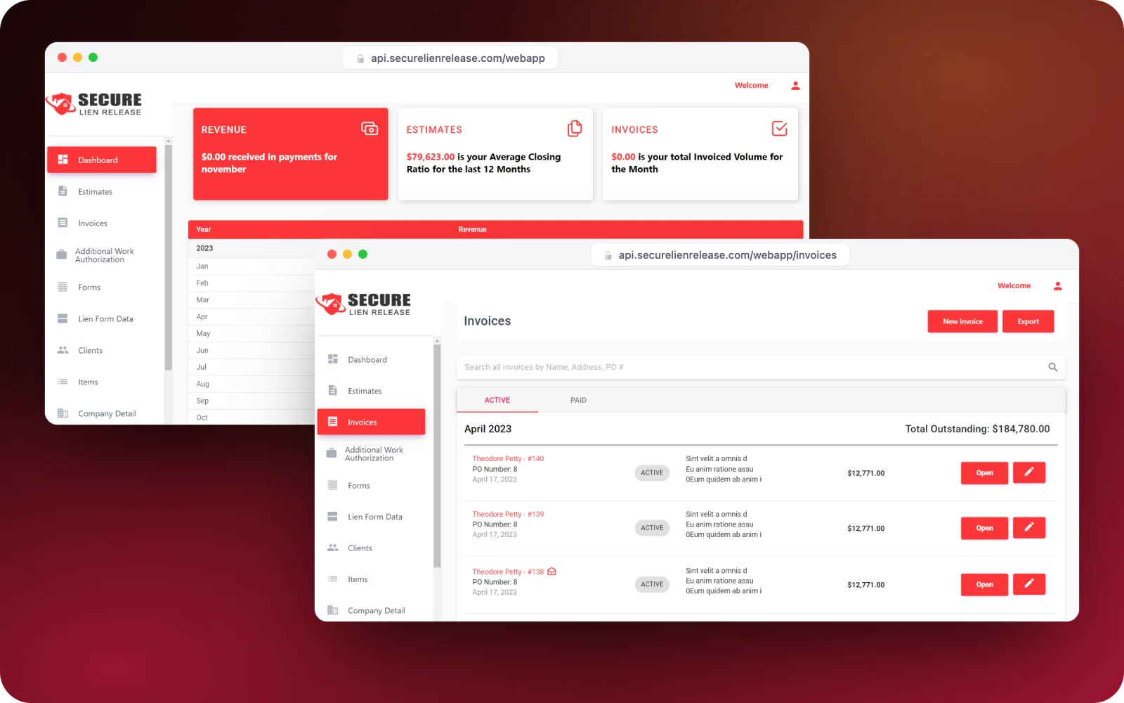 Secure Lien Release — dashboard and invoices (test data)