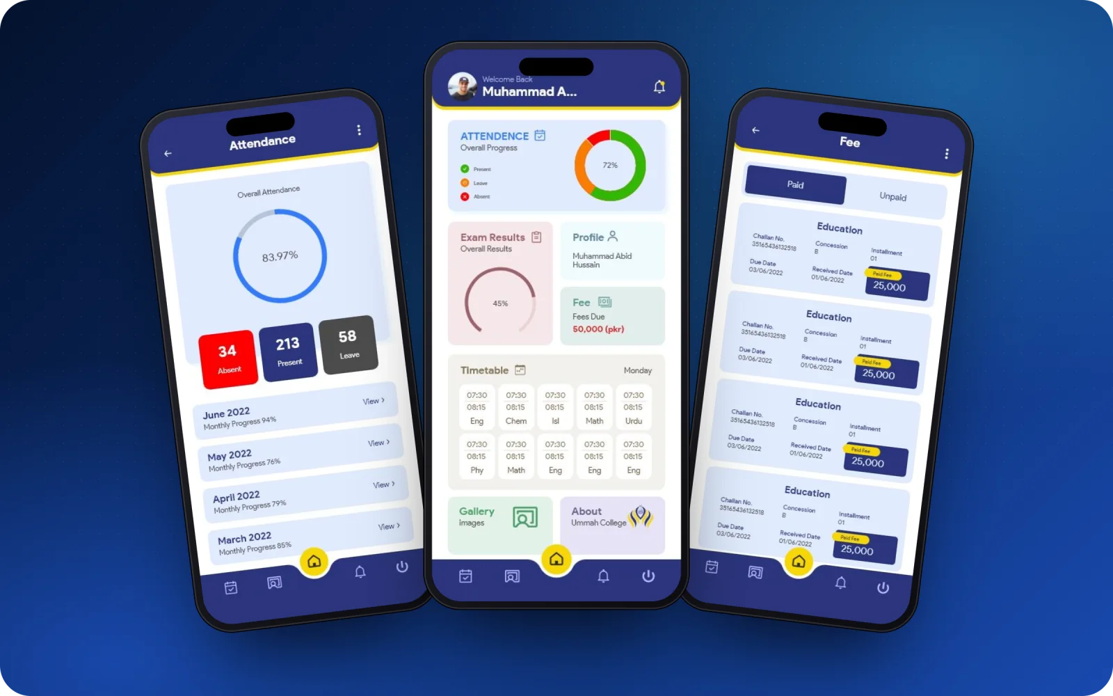 Ummah College student app — attendance, dashboard and fees (dummy data)