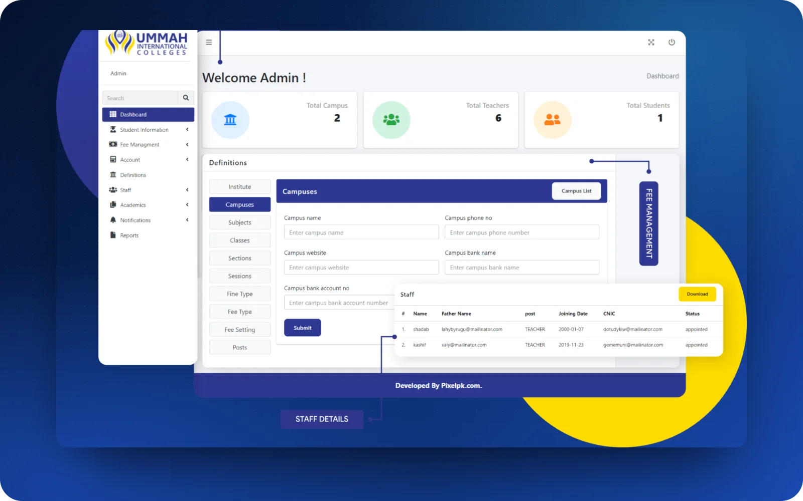 Ummah campus portal — admin dashboard and definitions (dummy data)
